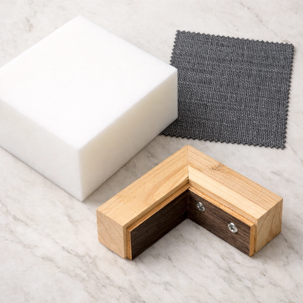 Premium commercial upholstery components including high-density foam and reinforced framing.