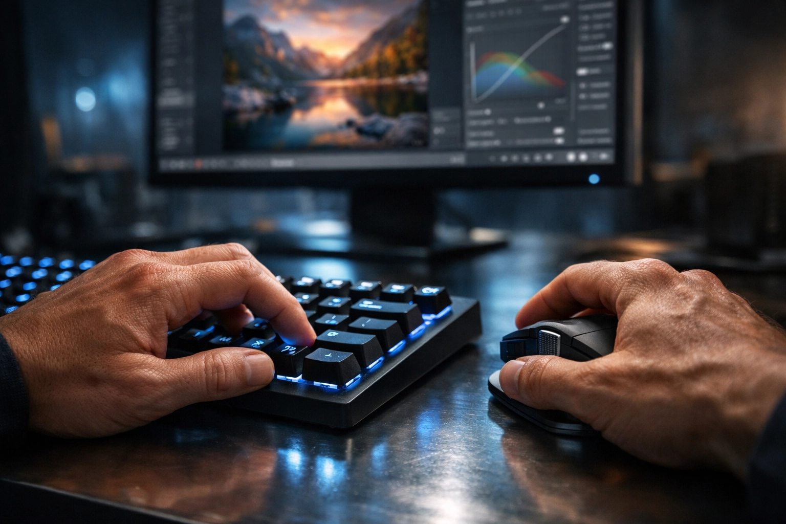 Using keyboard shortcuts on a professional editing desk to speed up photo editing workflow.