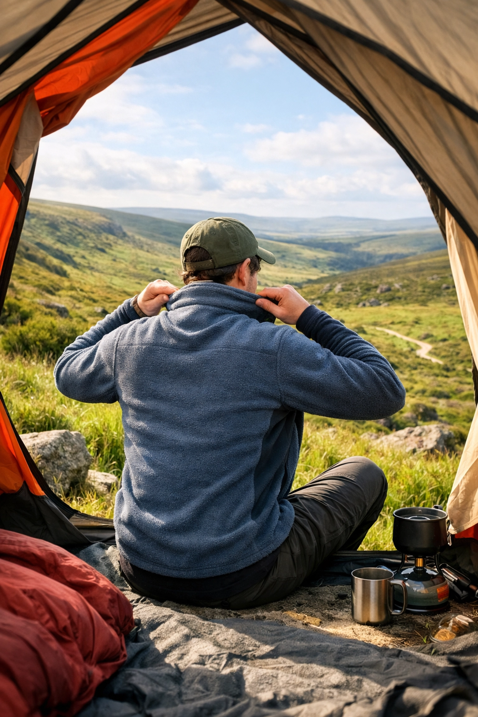 A camper adjusting a fleece layer at a tent door during a wild camping trip on the British moors.