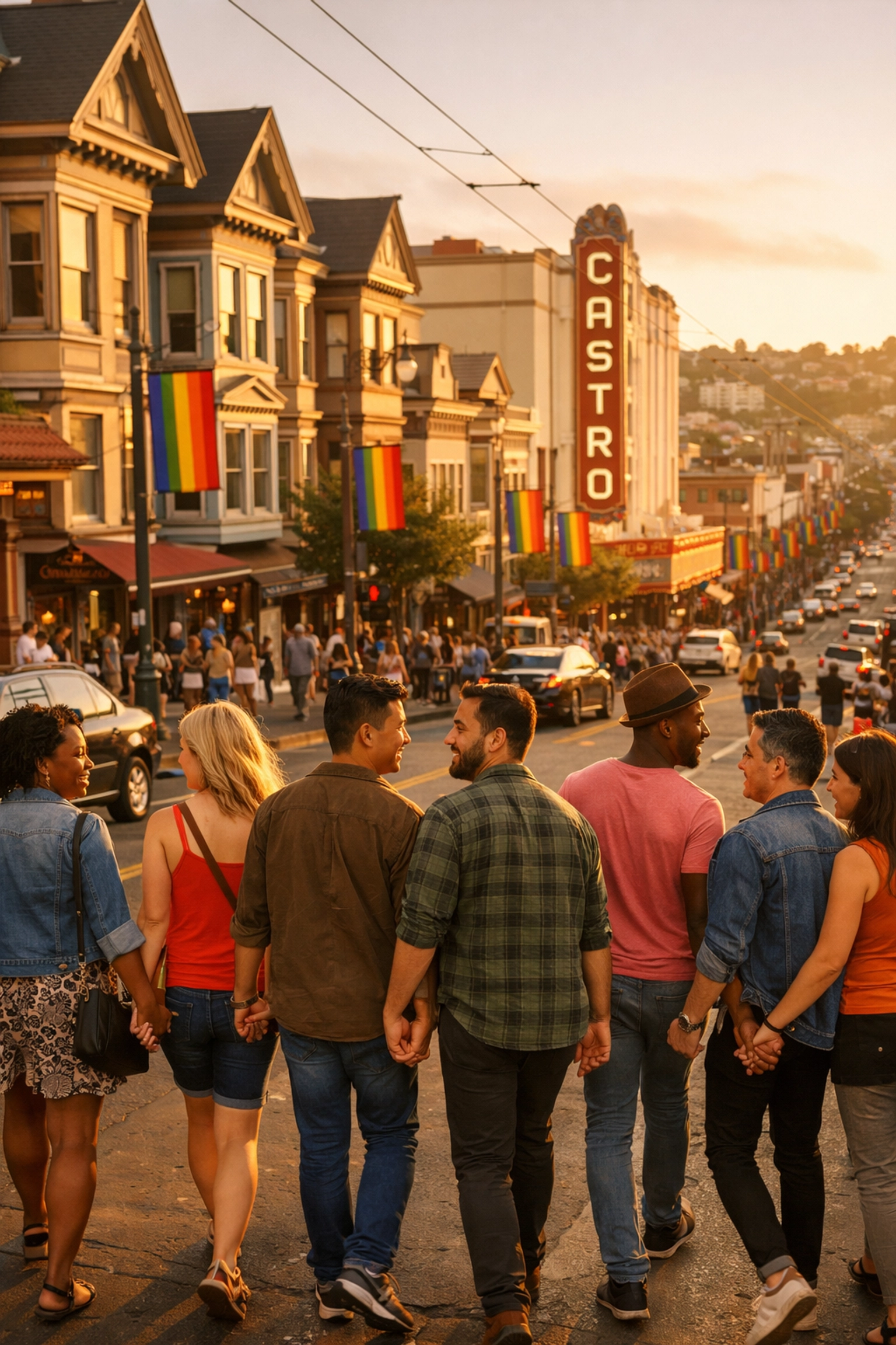 Gay couples walking hand-in-hand in Castro District San Francisco with rainbow flags and Victorian homes