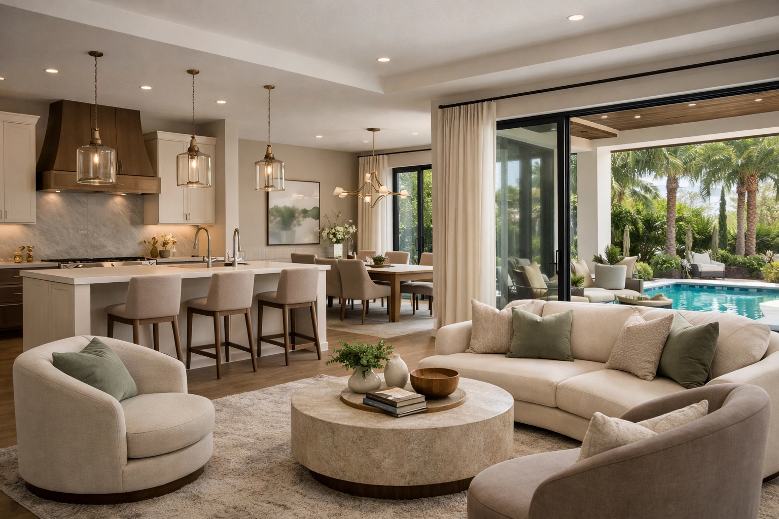 Sophisticated Orlando home remodeling featuring an open-concept living area and Florida patio view.