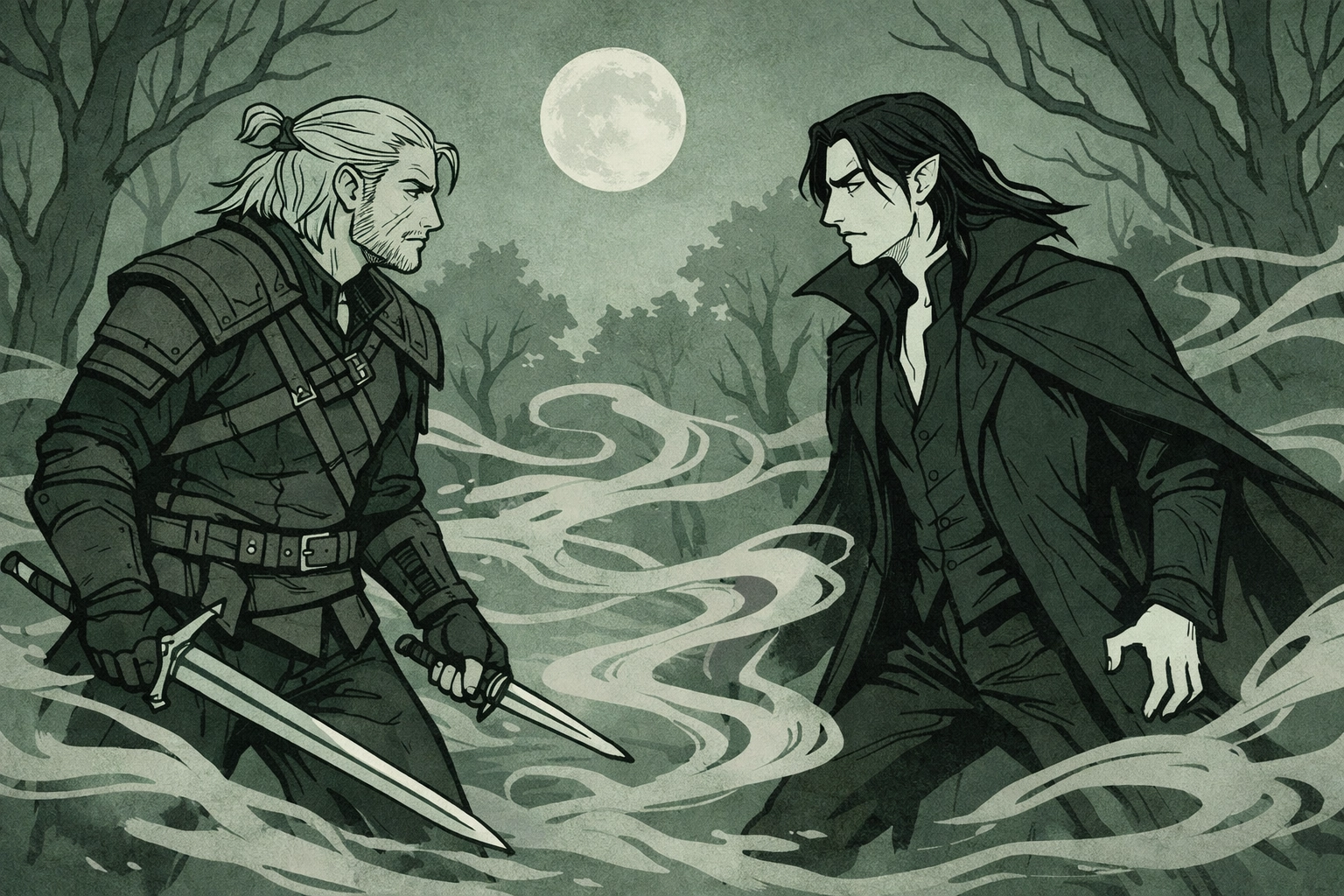 Witcher and vampire face off in moonlit forest - MM fantasy romance enemies to lovers encounter