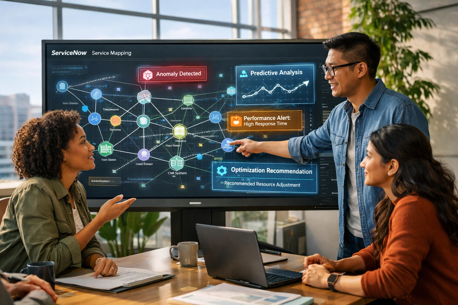 IT team collaborating on ServiceNow implementation strategy with predictive analytics dashboard