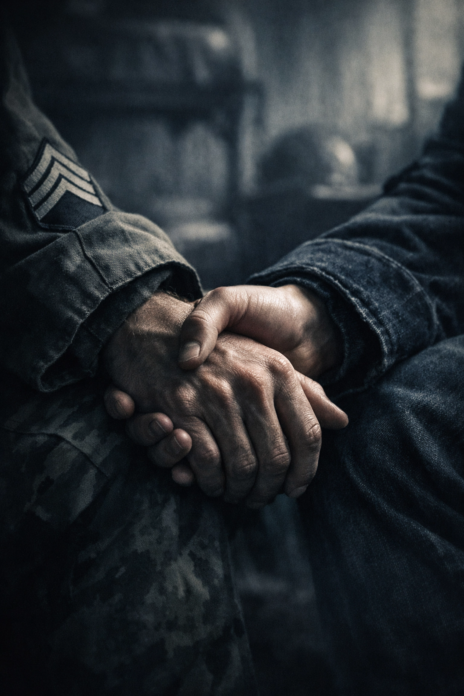 Intertwined hands of soldier and civilian showing intimate LGBTQ+ military connection