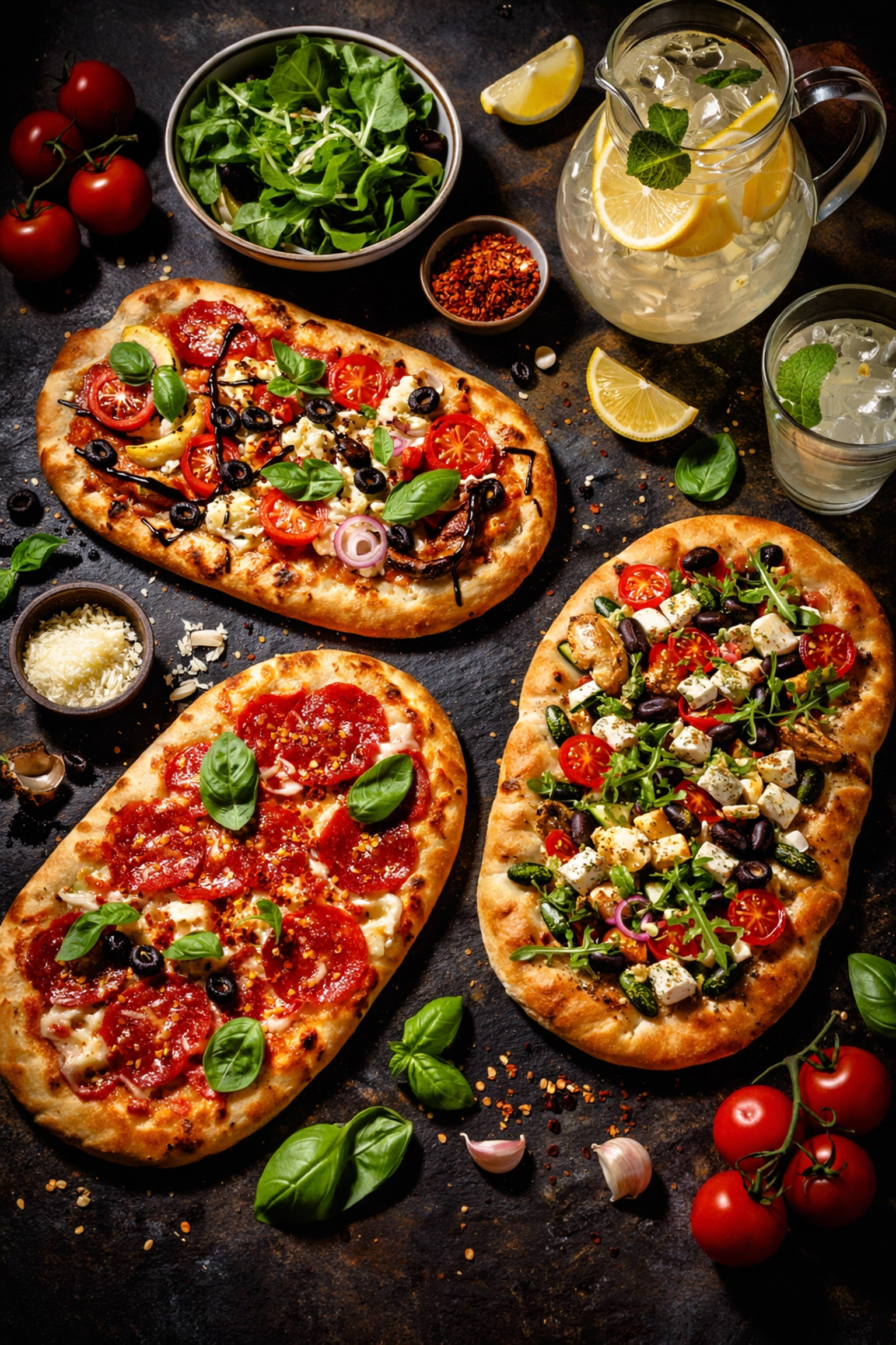 Assorted artisan flatbread pizzas on slate with fresh salads and Italian lemonade, ideal for food truck catering variety