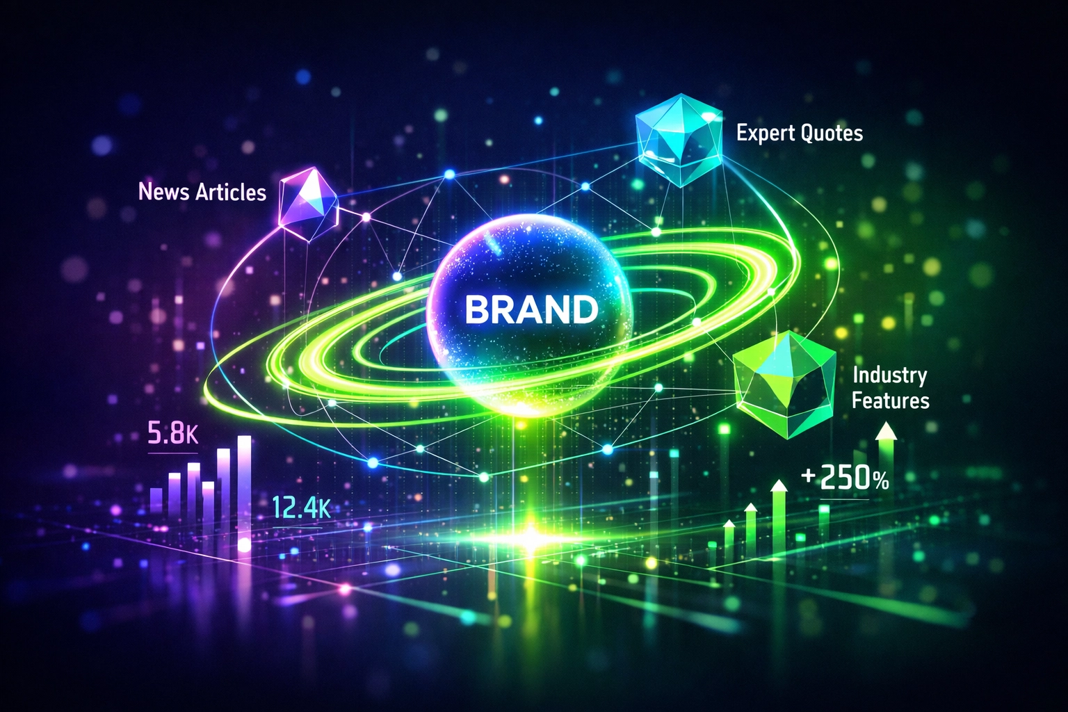 Brand authority network visualization showing earned media connections from publications and news sources