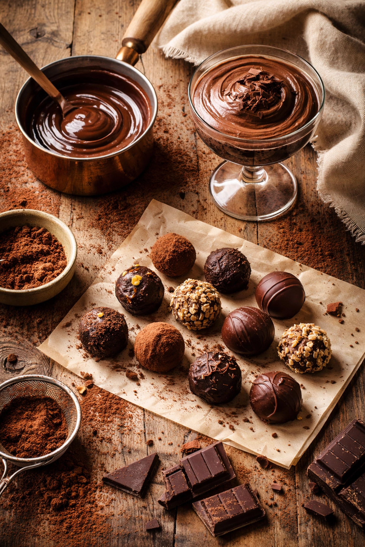 Chocolate-making workspace with ganache, mousse, and hand-dipped truffles highlighting versatile uses for 60% dark chocolate.