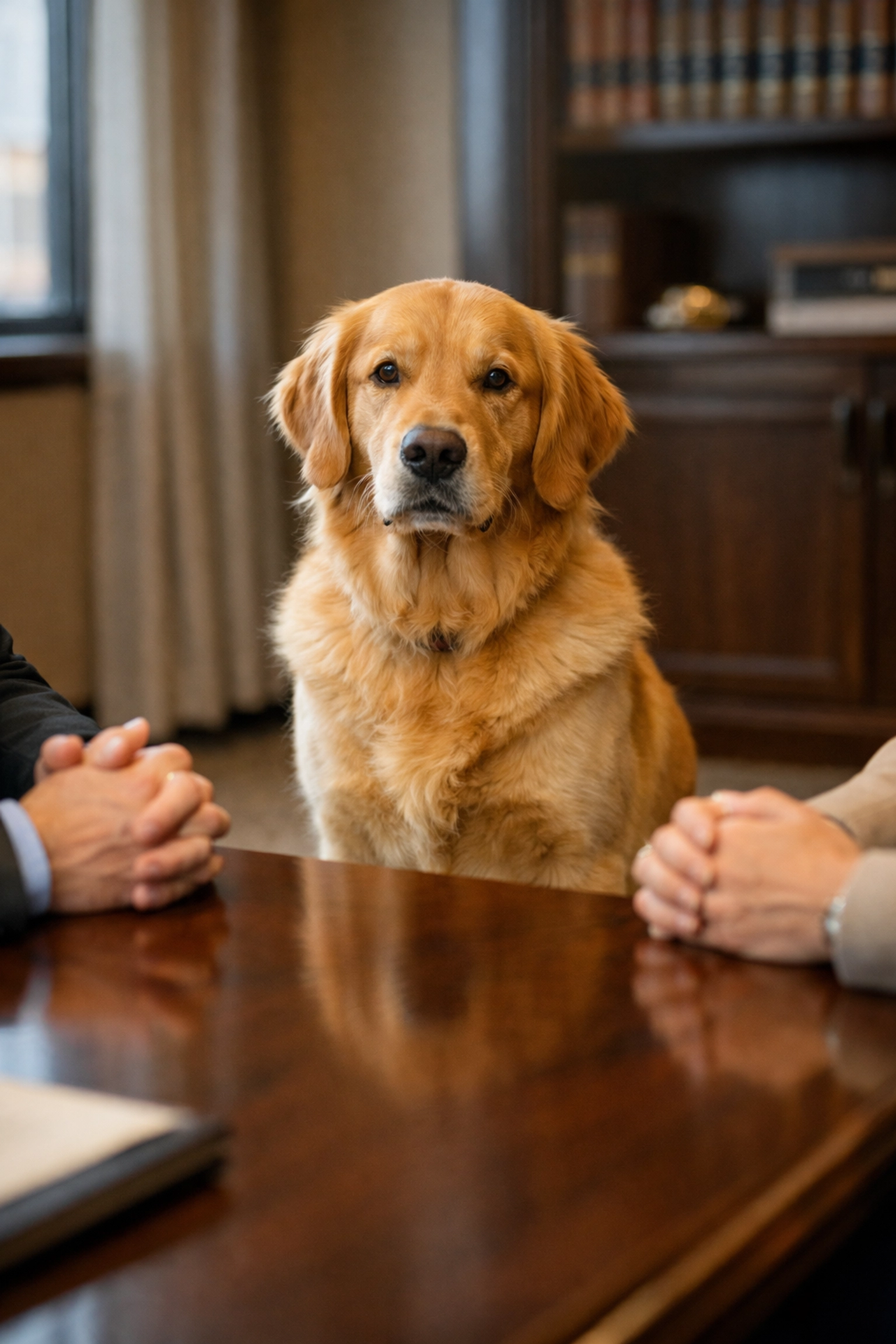 Dog at family law mediation session in Fredericksburg VA office discussing pet custody agreement | ALT: Family law Fredericksburg VA mediation meeting about pet custody agreement