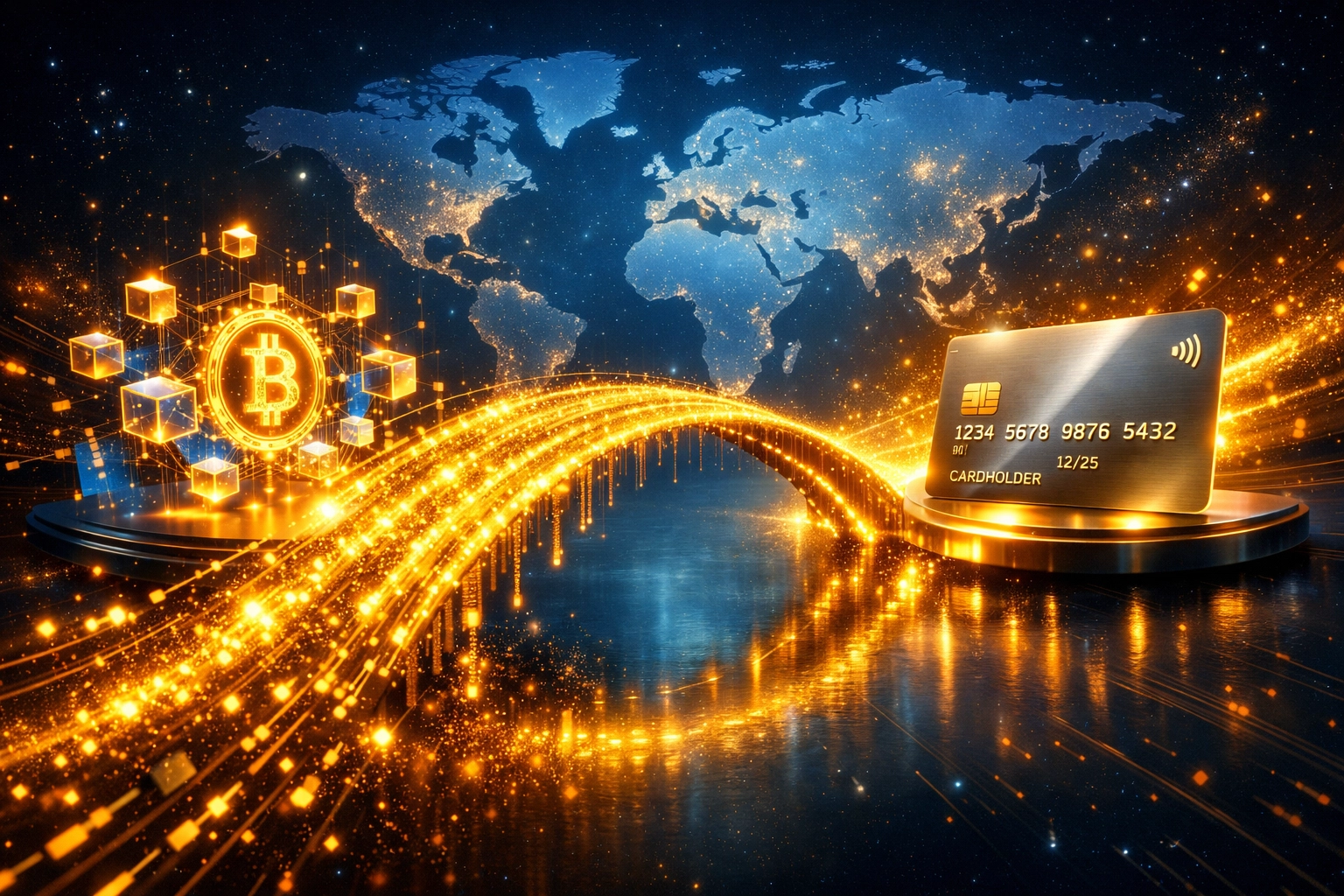 Digital bridge linking blockchain to a card for instant global liquidity and merchant financial sovereignty with Larecoin.