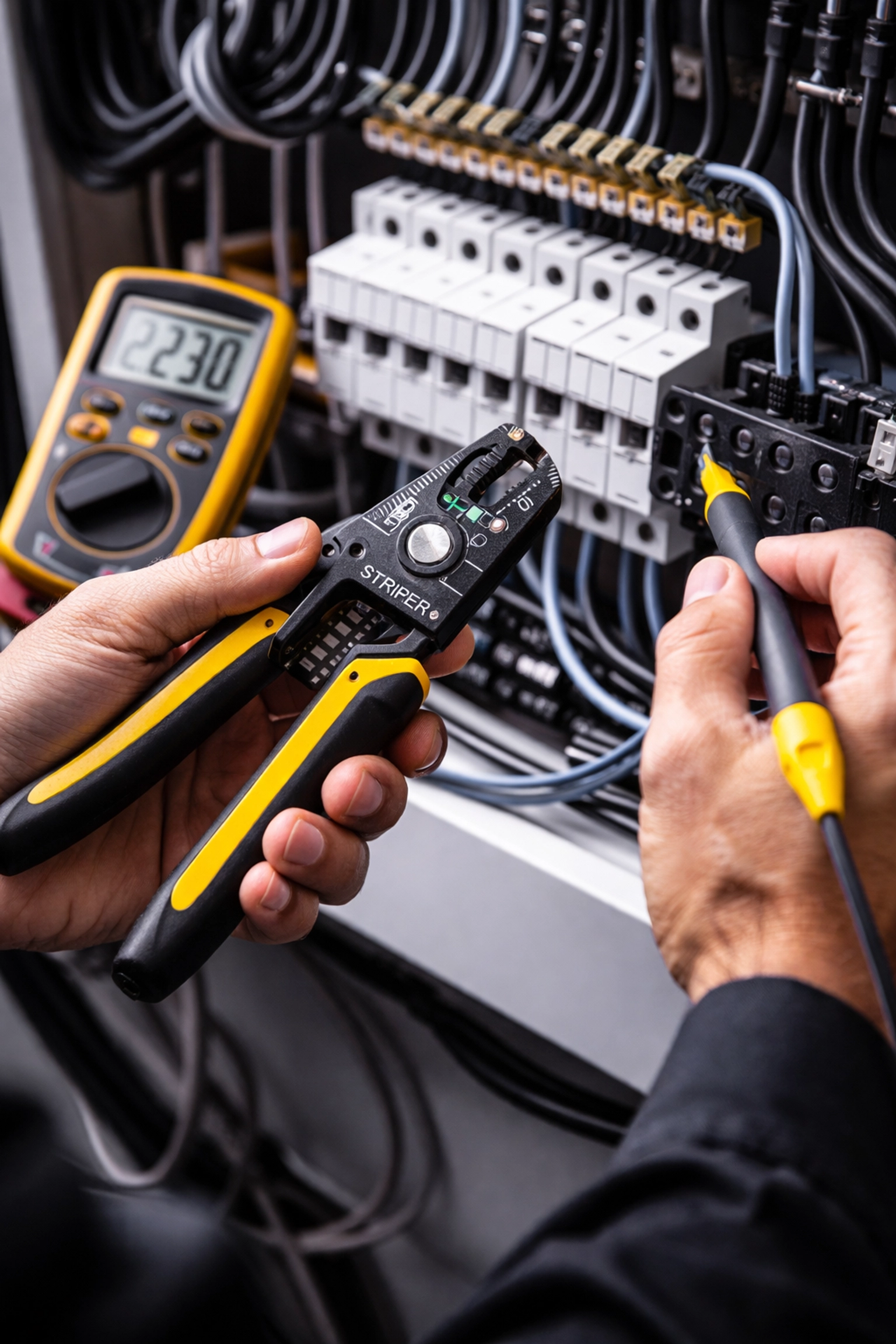 Hands of an experienced Tuscaloosa electrician working on a home electrical panel with safety tools