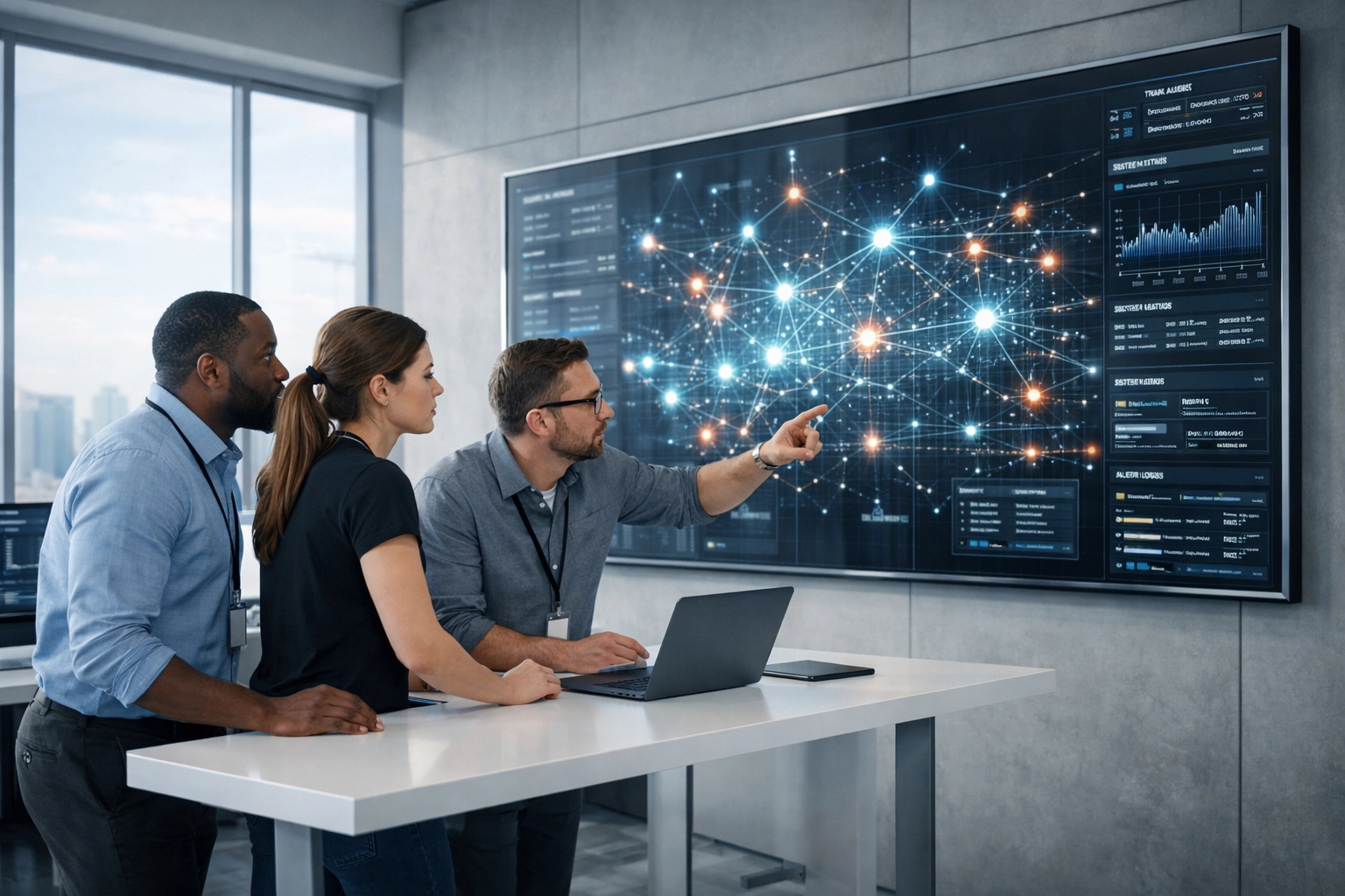 IT professionals in a modern operations center monitoring real-time ServiceNow ITOM data for faster MTTR.