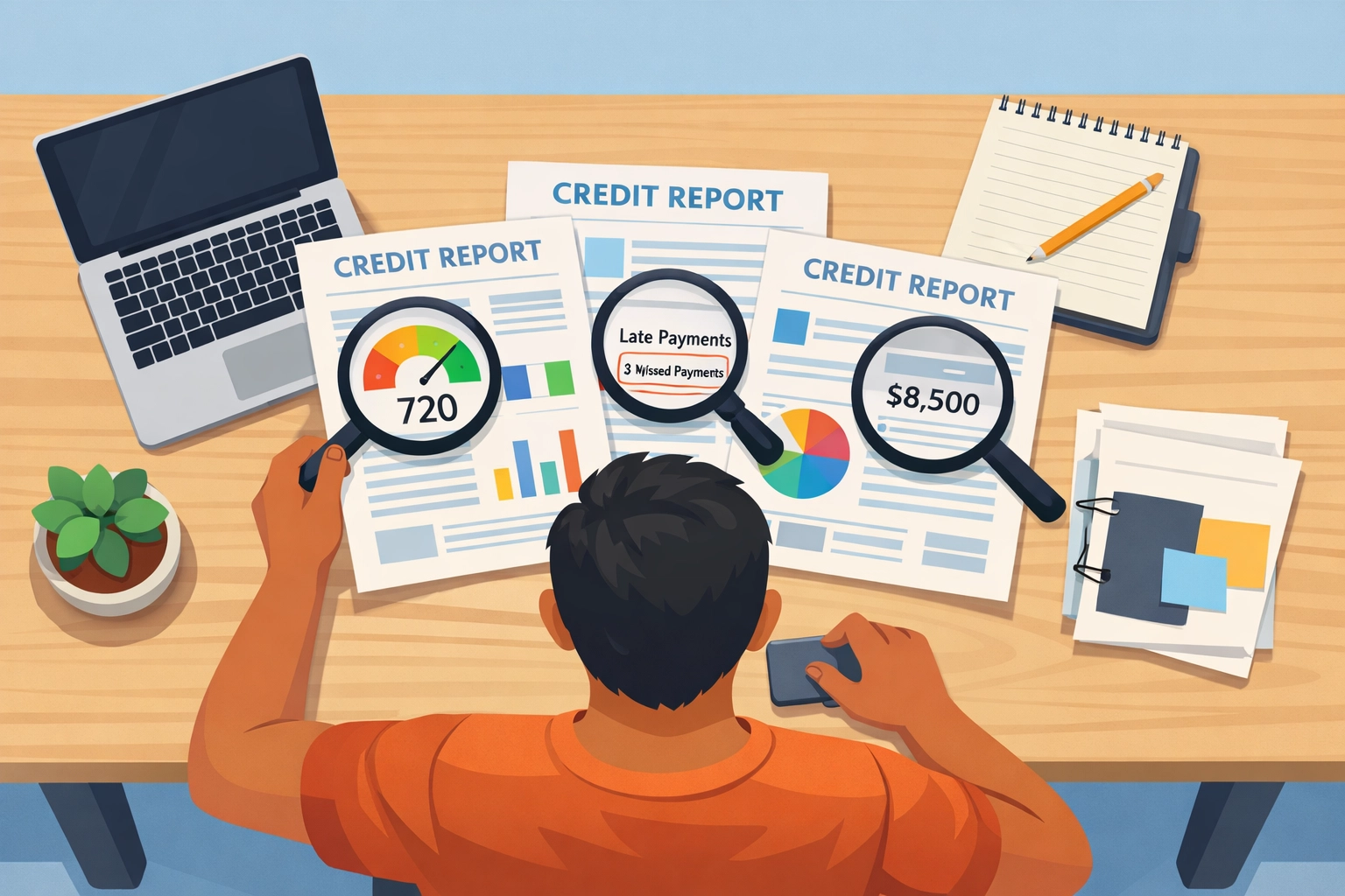 Persona revisando reporte de crédito en computadora para encontrar errores y limpiar crédito