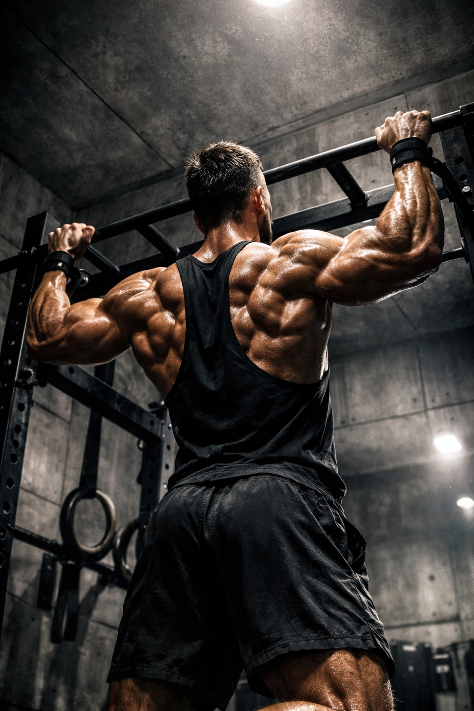 Athlete doing wide-grip pull-ups on a pull up bar alternative in a home gym.