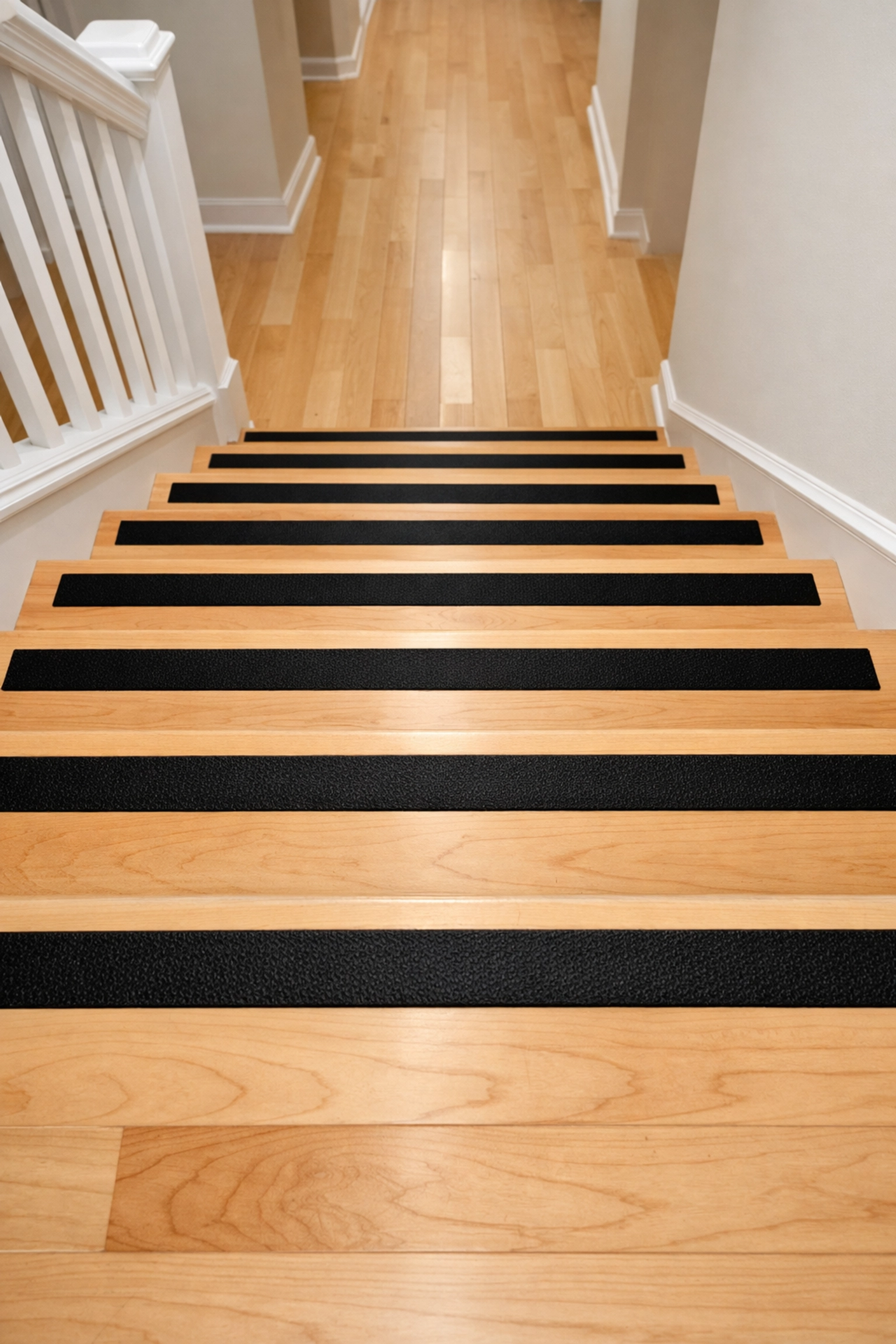 First-person view of stairs with high-contrast anti-slip strips on step edges to improve depth perception.