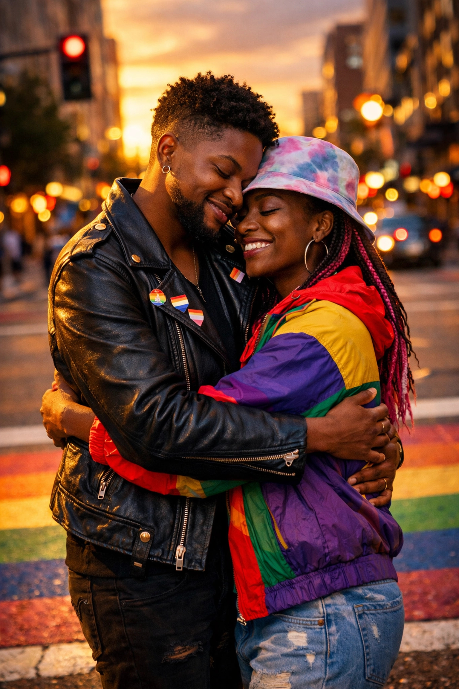 Black queer couple embracing on rainbow crosswalk celebrating intersectional LGBTQ+ identity