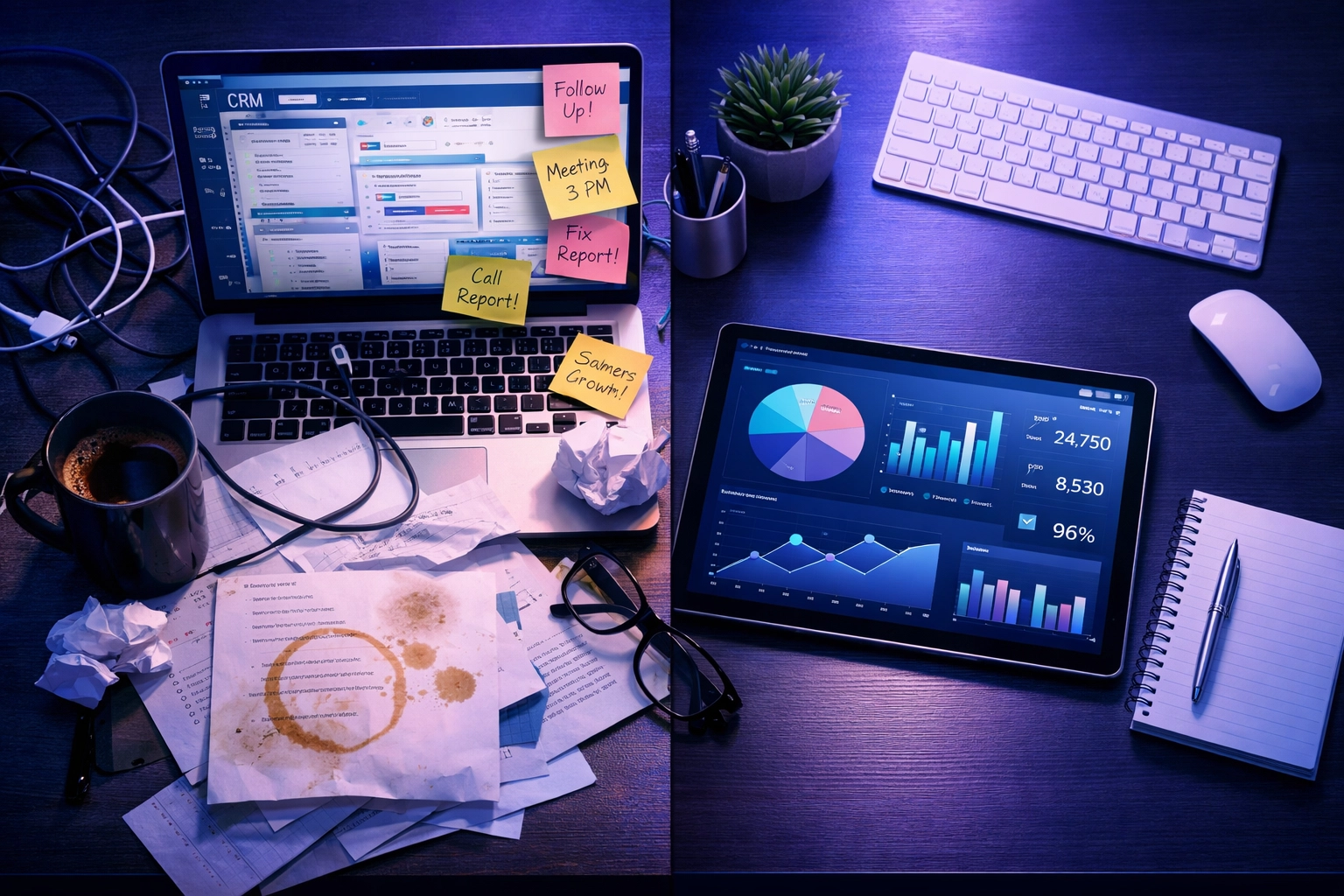 Messy versus organized CRM data on desk showing importance of data quality before automation