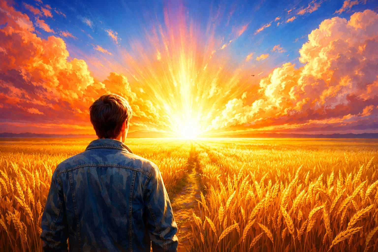A person standing in a golden field looking toward a bright horizon, representing a new life with Jesus.