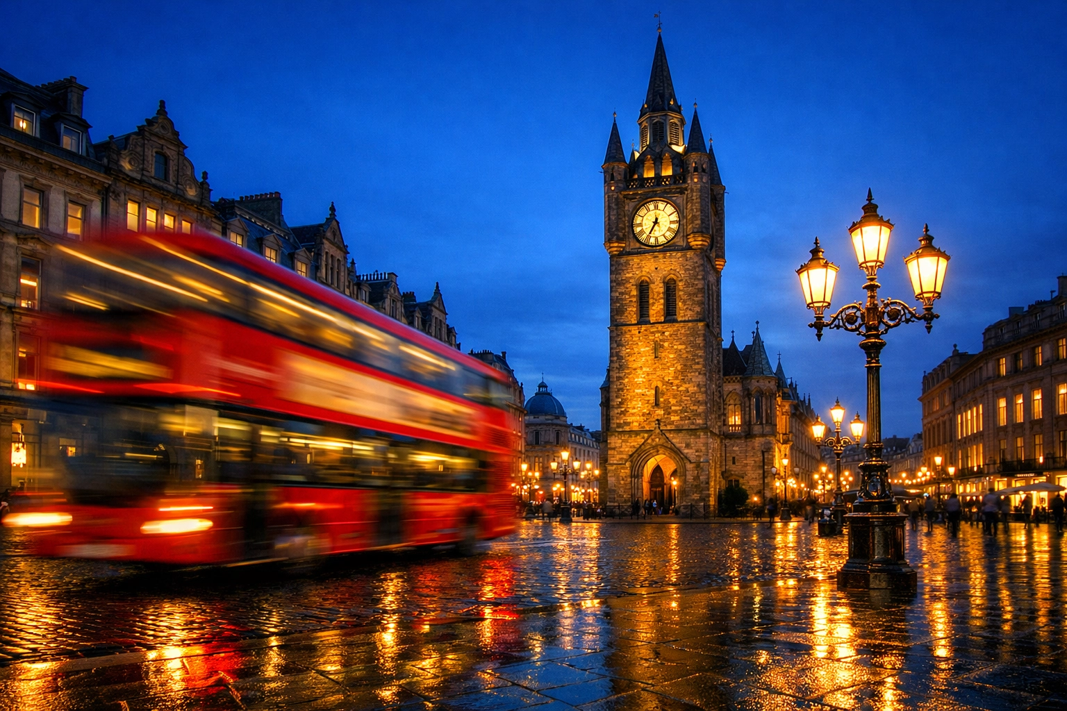 A historic European clock tower and red bus in a city square highlighting major time zone hubs.