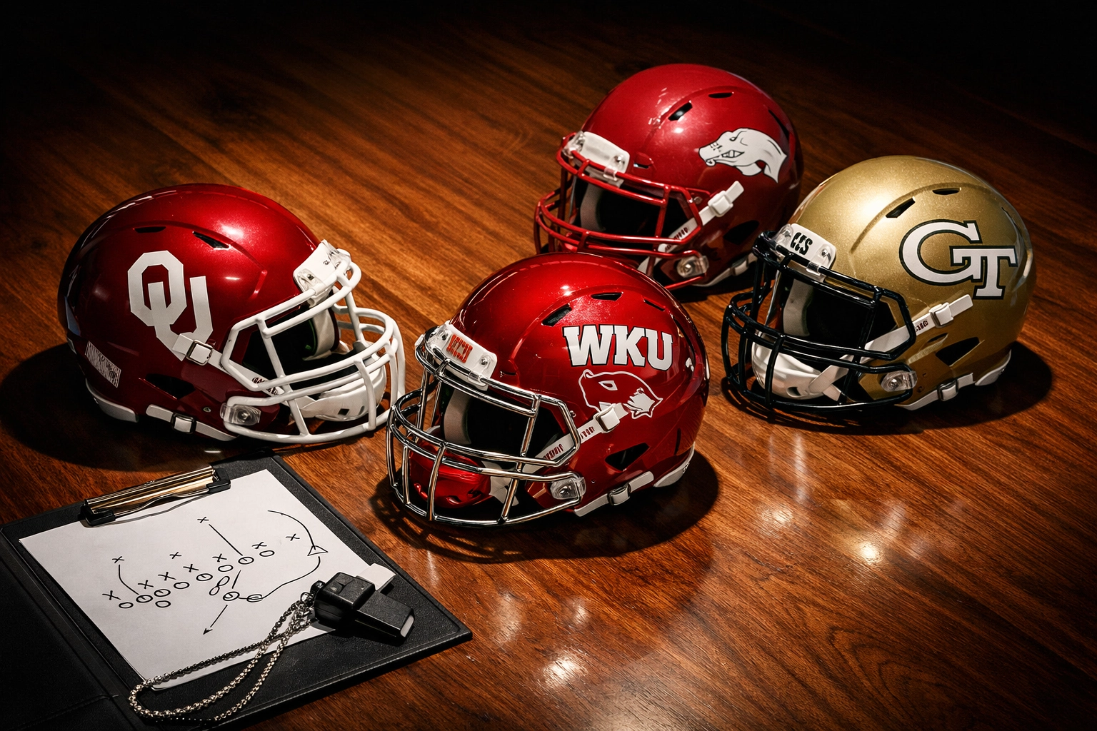 Four transfer portal offensive line helmets representing Oklahoma's 2026 recruiting strategy