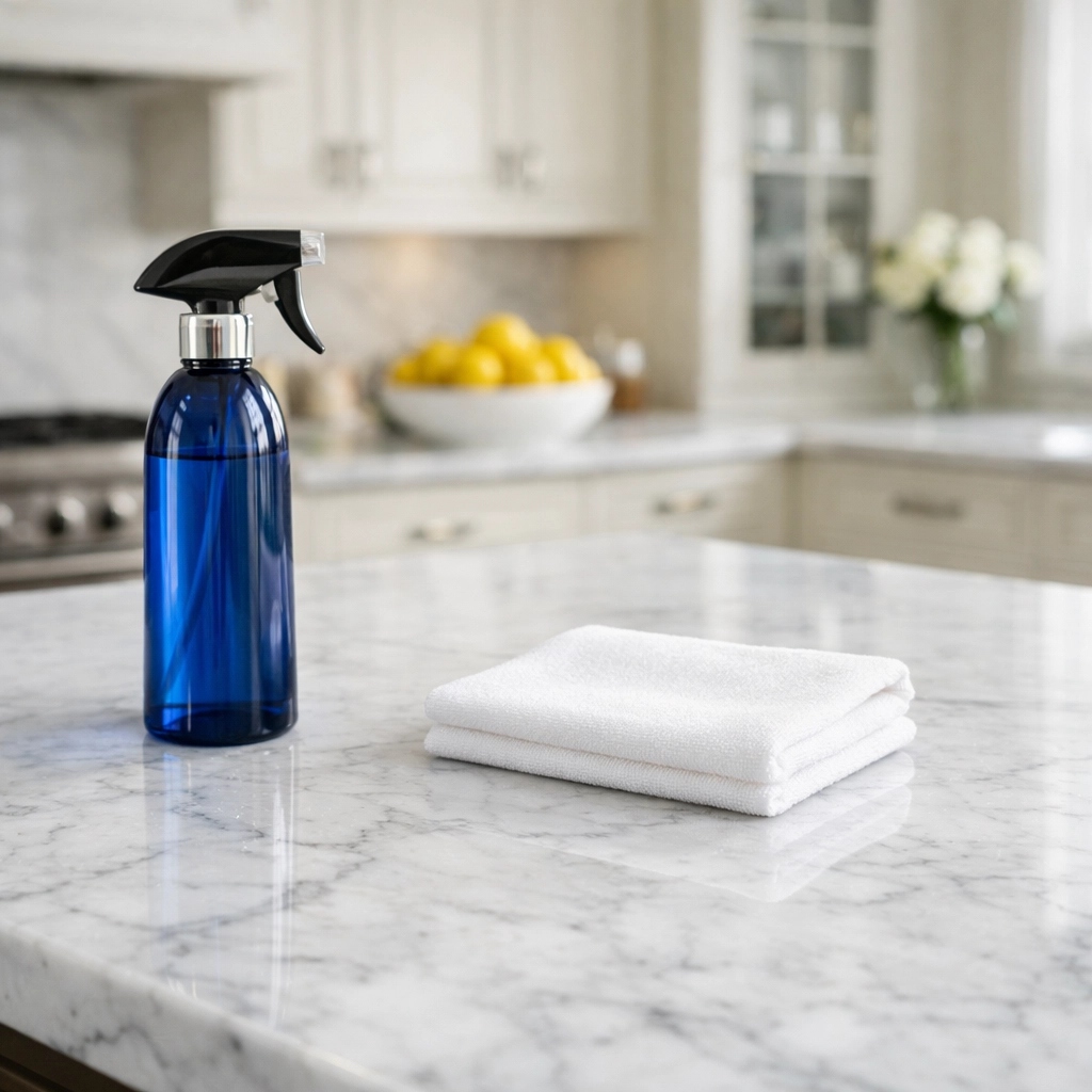 Luxury residential cleaning Massachusetts for marble countertops in a Dover estate using specialized products.