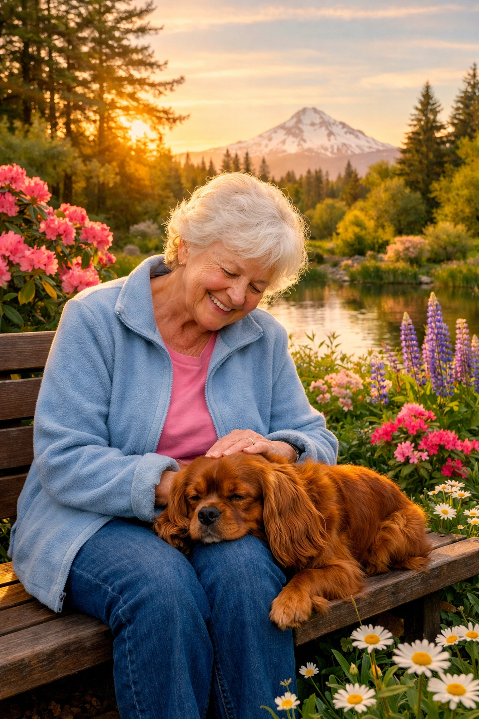 An Emotional Support Dog Cavalier King Charles comforting an elderly woman in an Oregon garden.