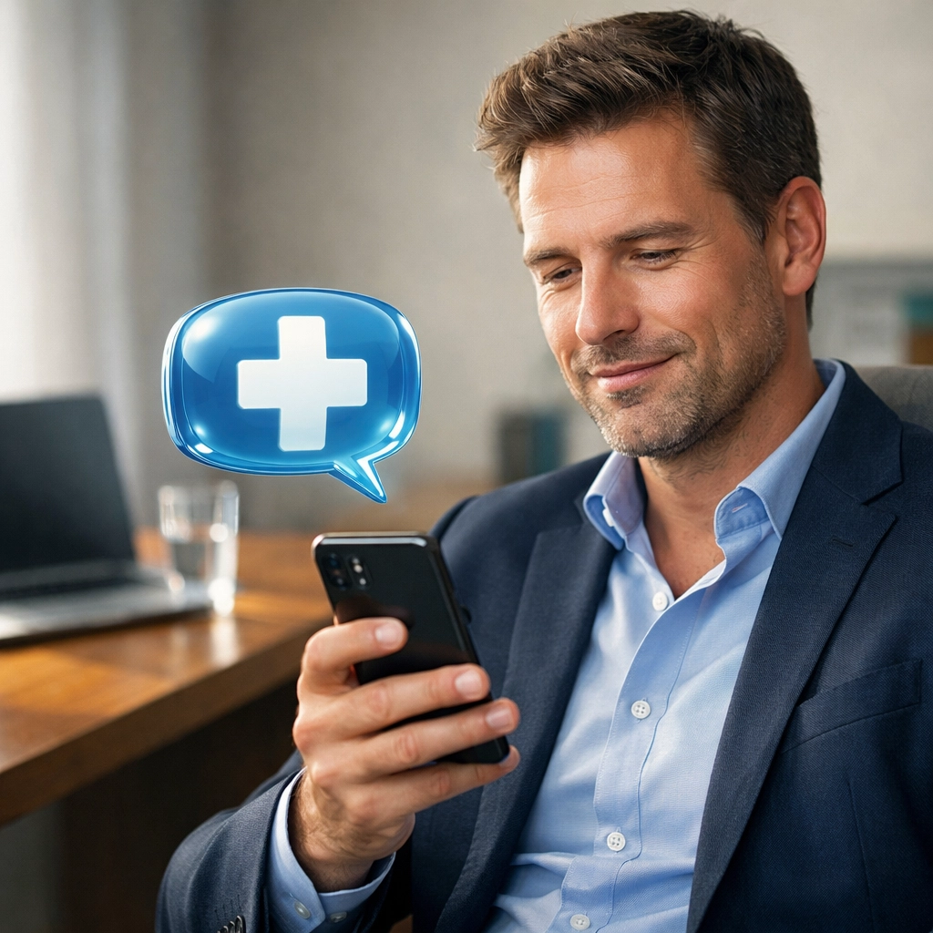 Man in a home office using secure medical messaging for a private online ed treatment consultation.