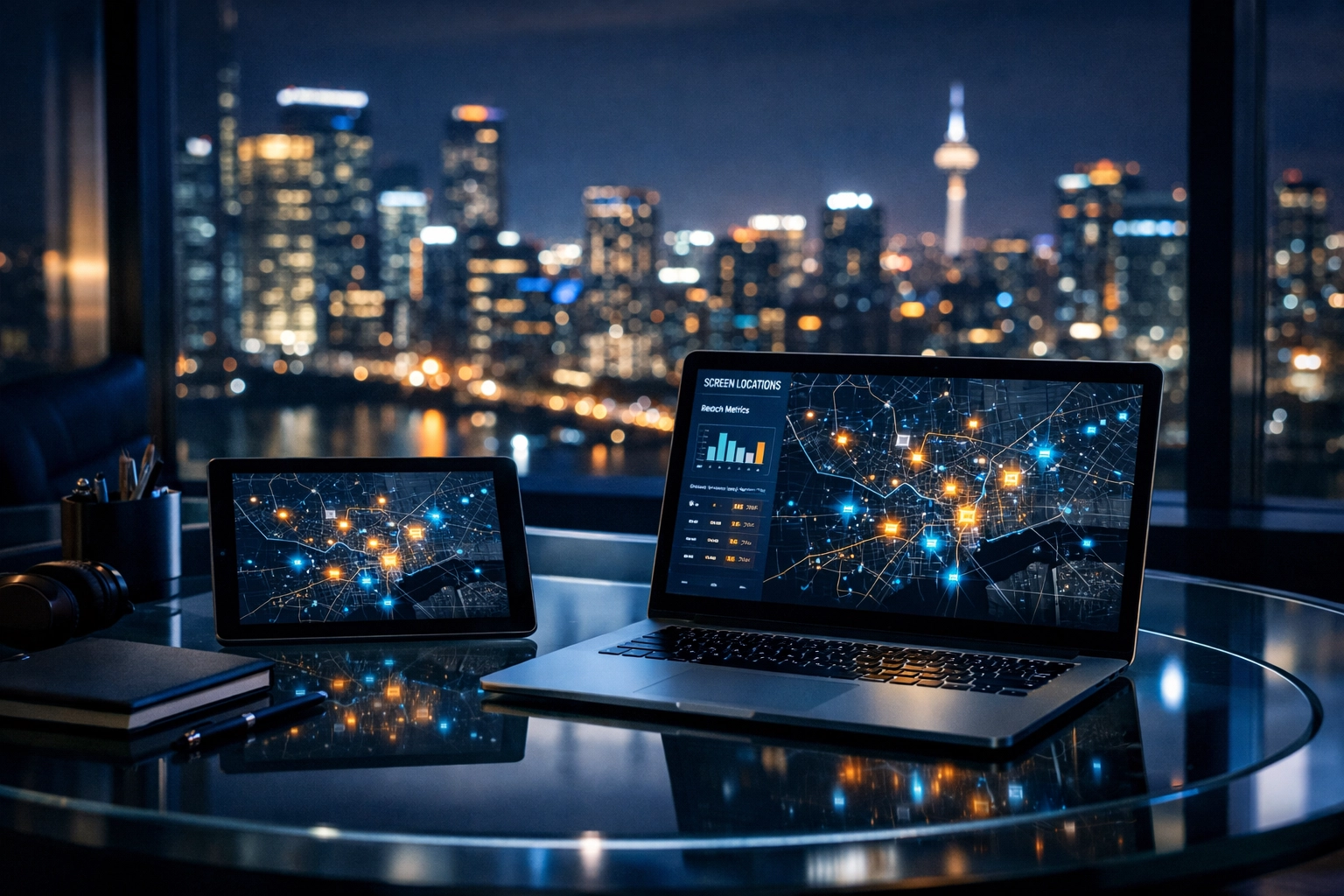 Media planning office desk displaying a data map of digital screen locations for programmatic DOOH campaigns.