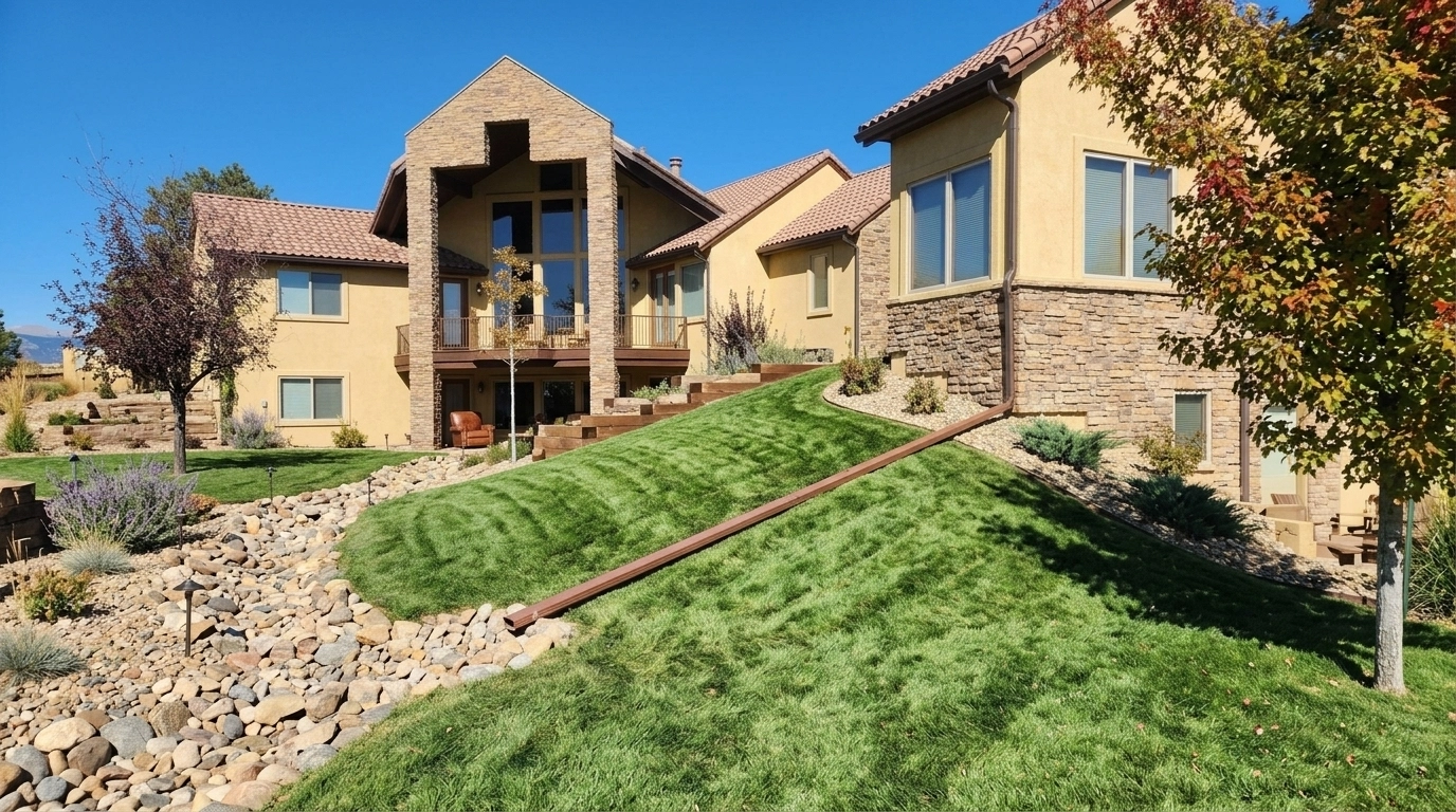 High-quality professional photograph of a Denver-area home exterior with proper grading and extended downspouts for drainage control.