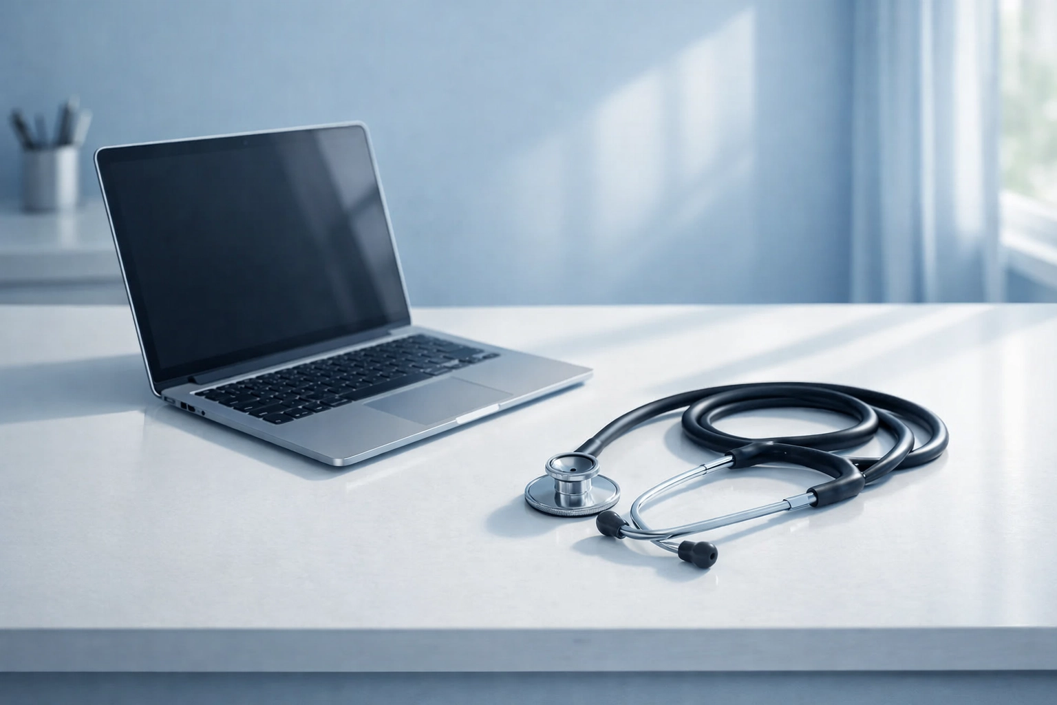 A professional, minimalistic photograph of a modern consultation desk. A slim laptop and a high-end stethoscope rest on a clean white surface. Natural sunlight streams from a side window, casting soft shadows. The color palette is dominated by cool blues and soft greys, evoking a sense of calm efficiency and organized workflow.