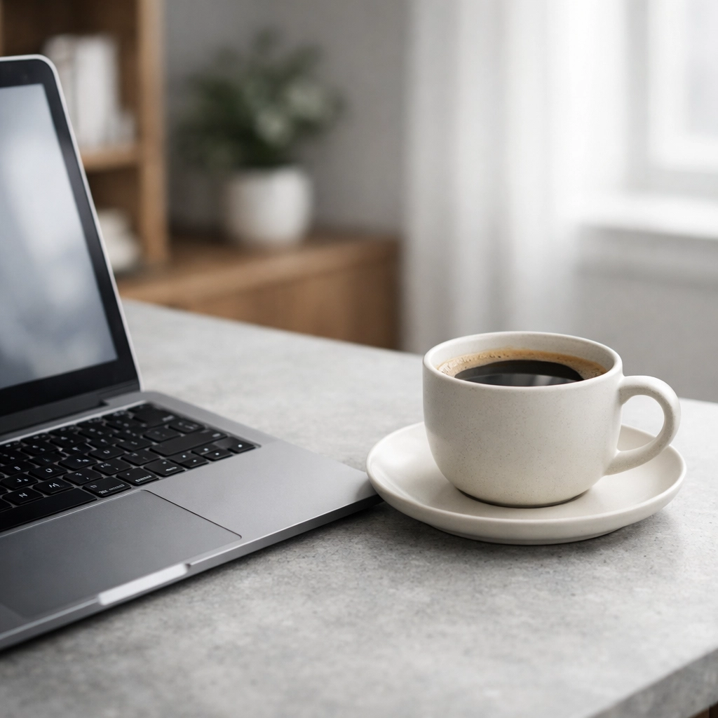 A sleek modern workspace with a laptop representing the efficiency of cloud-native hospitality software.