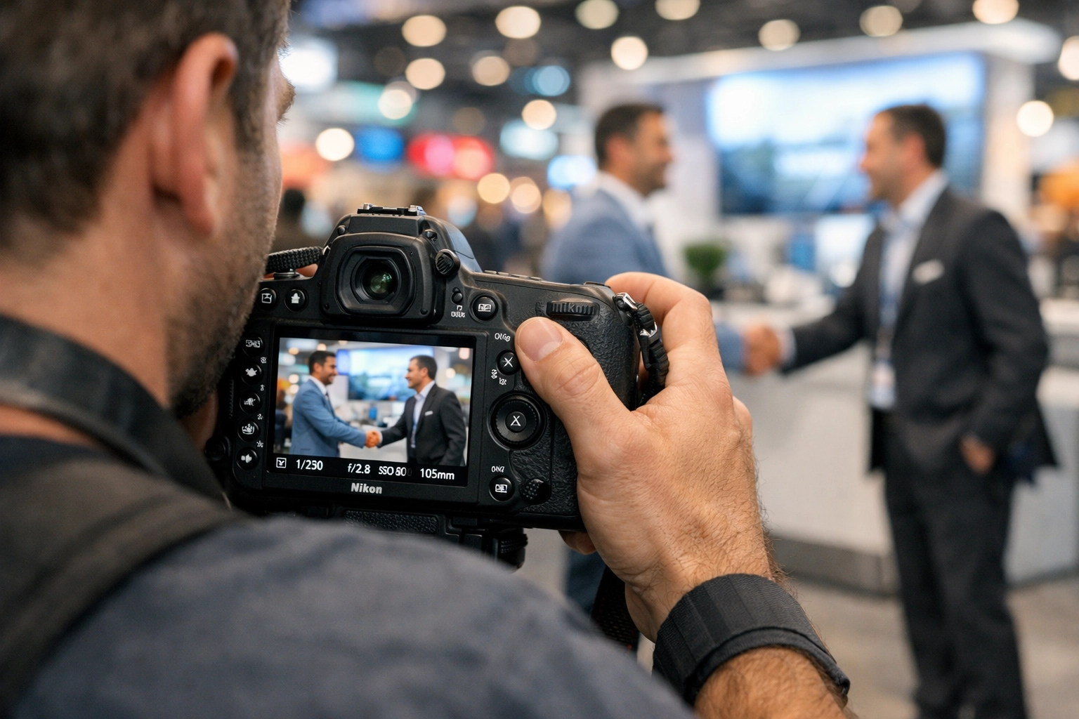 Professional trade show photographer in Miami documenting a business meeting at a convention booth.