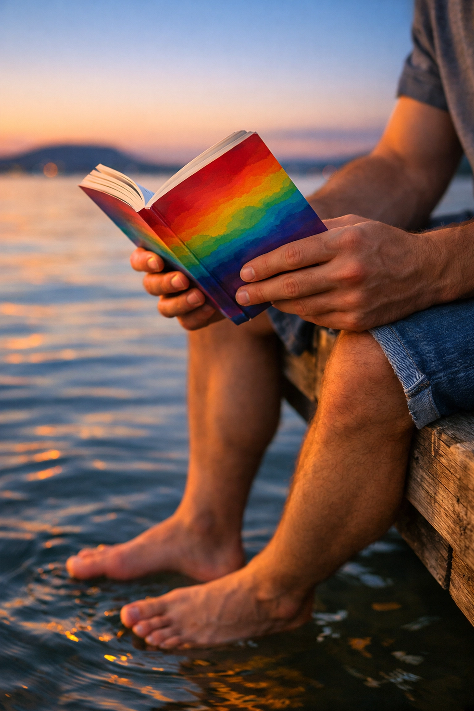 A man reading an LGBTQ+ novel on a wooden dock at Lake Balaton, capturing the essence of the best MM romance.