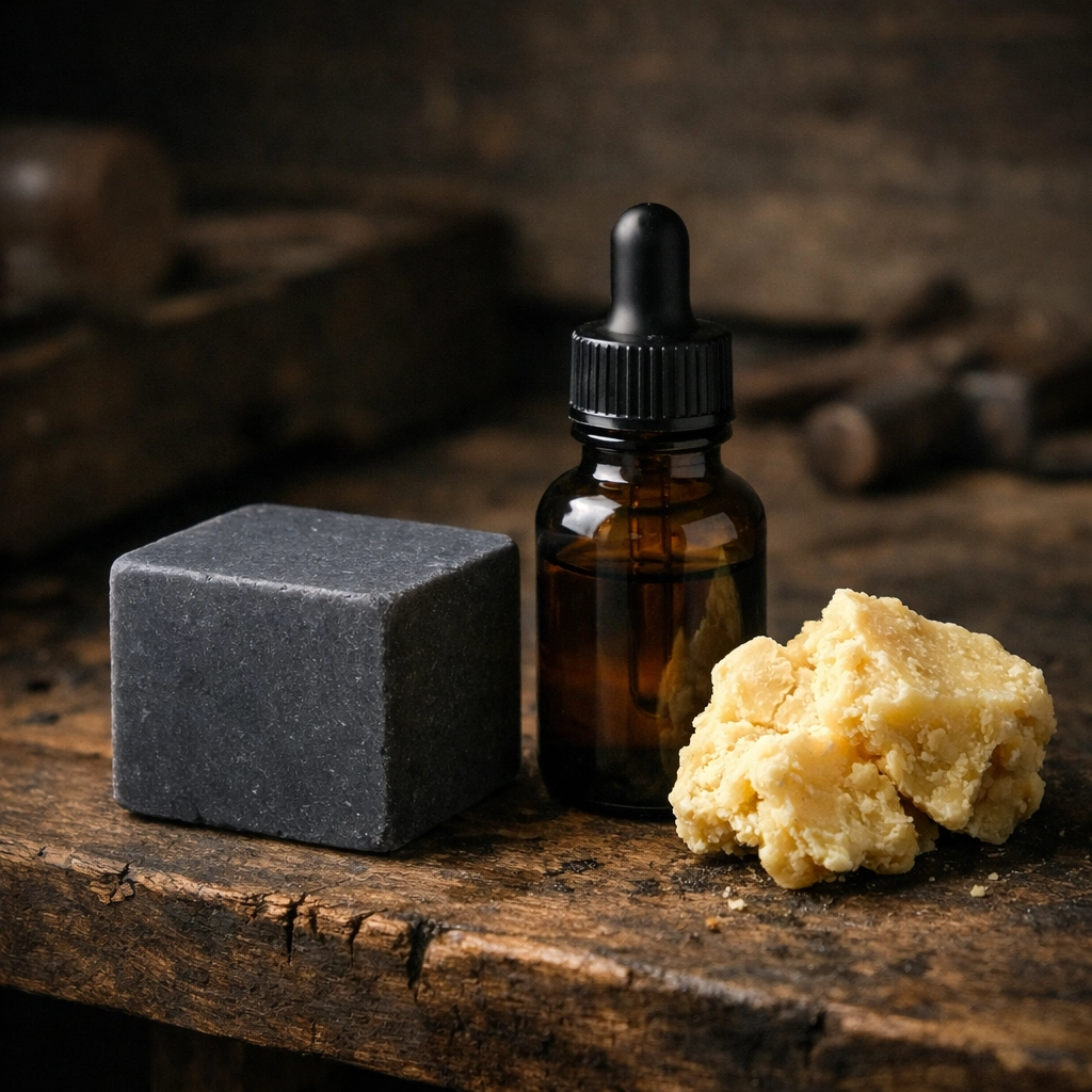 Solid beard wash bar next to natural oils and botanical butter for healthy beard hair and skin.