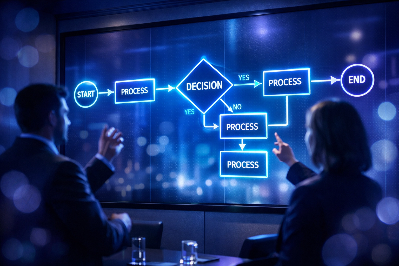 Business team reviewing secure workflow automation and compliance protocols on screen