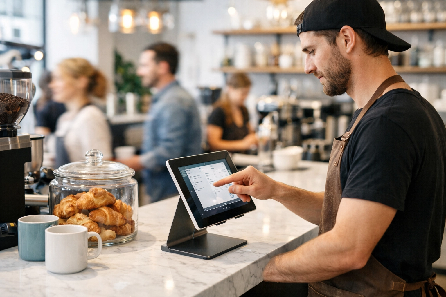 Busy cafe barista taking an order on a stylish tablet epos system at a marble counter.