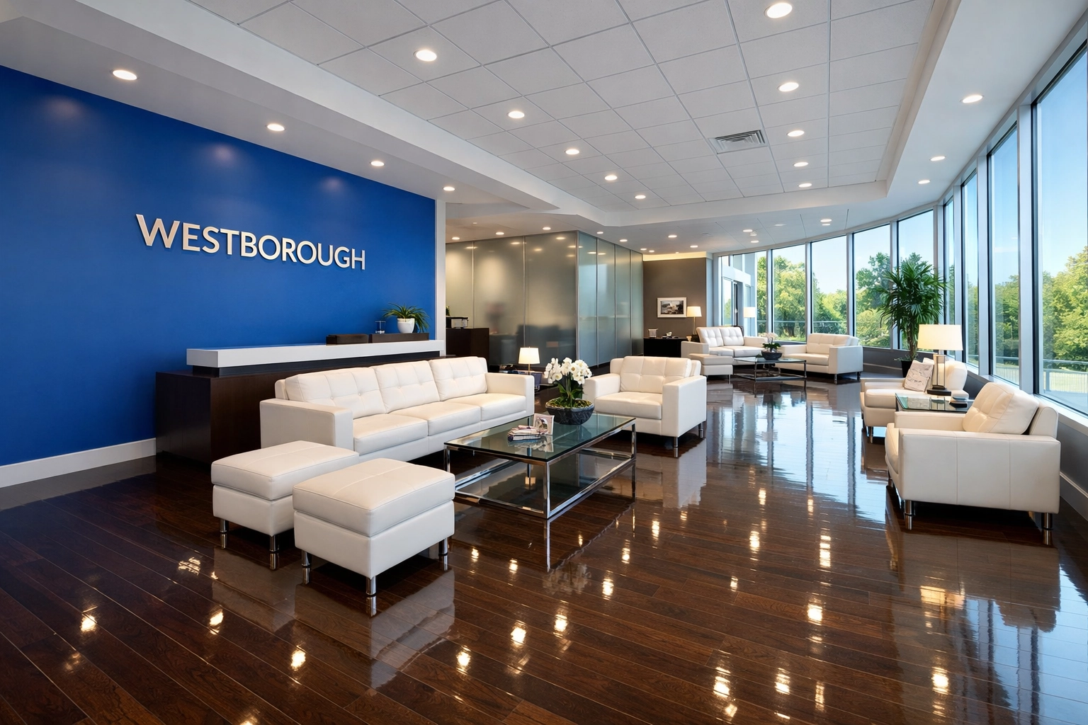 A sparkling clean Westborough office lobby with polished floors, showing the results of consistent professional cleaning.