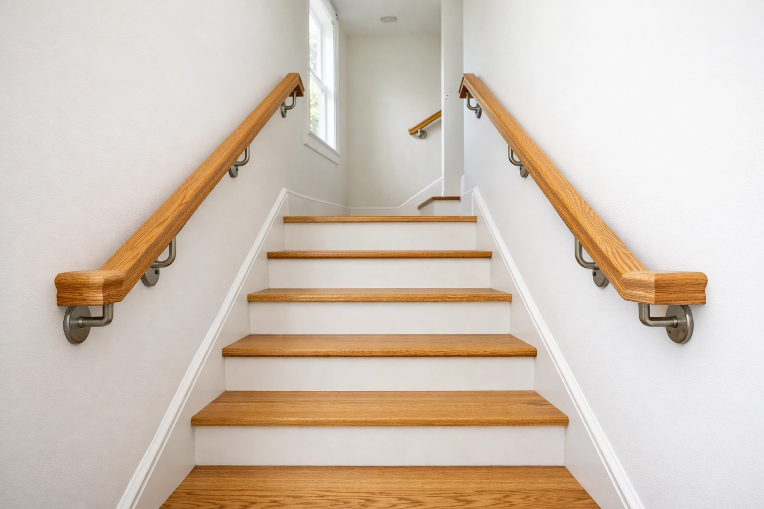 Safety-enhanced staircase with matching oak handrails on both sides for secure grip and fall prevention.
