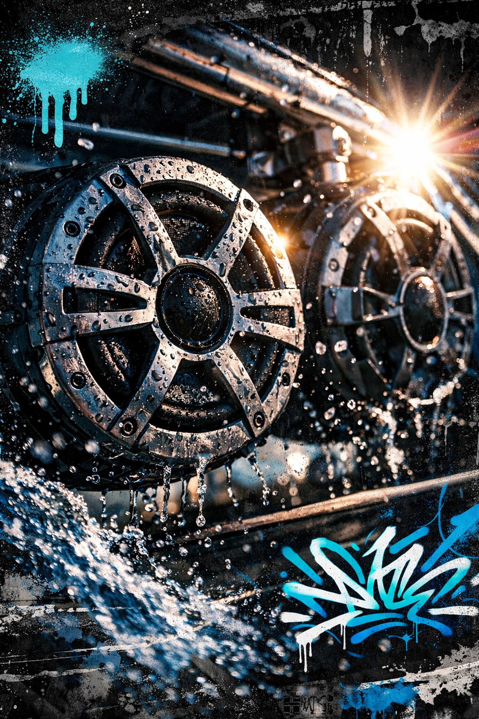 Waterproof marine speakers with water droplets showing weather-resistant boat audio equipment