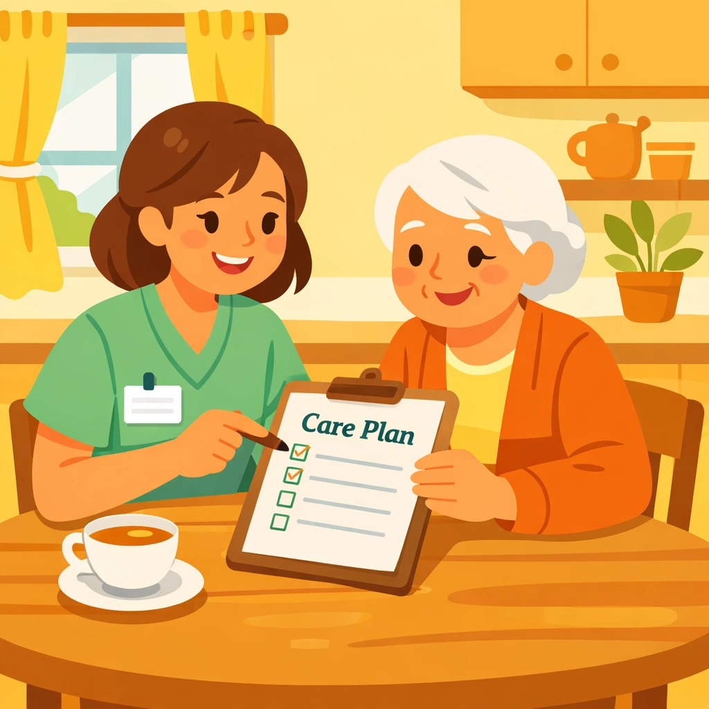 Caregiver creating personalized care plan with elderly client at home in Georgia