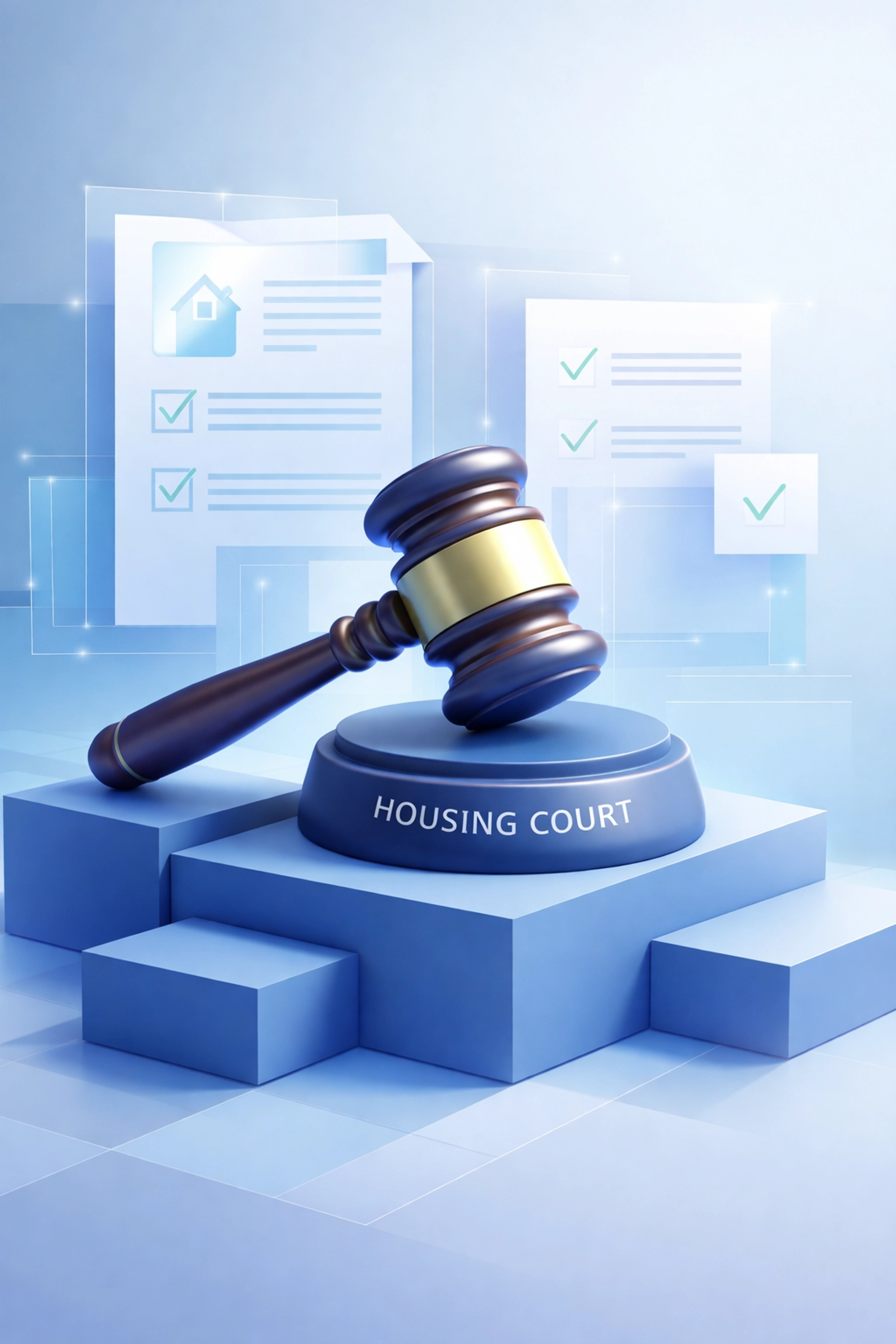 Housing Court gavel on blue geometric blocks with document and checklist icons, representing eviction legal process in Brooklyn.