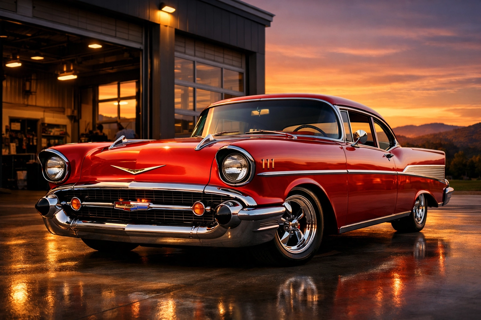 A flawlessly restored red classic car at The Otto Shop, your Huntington restoration specialists.