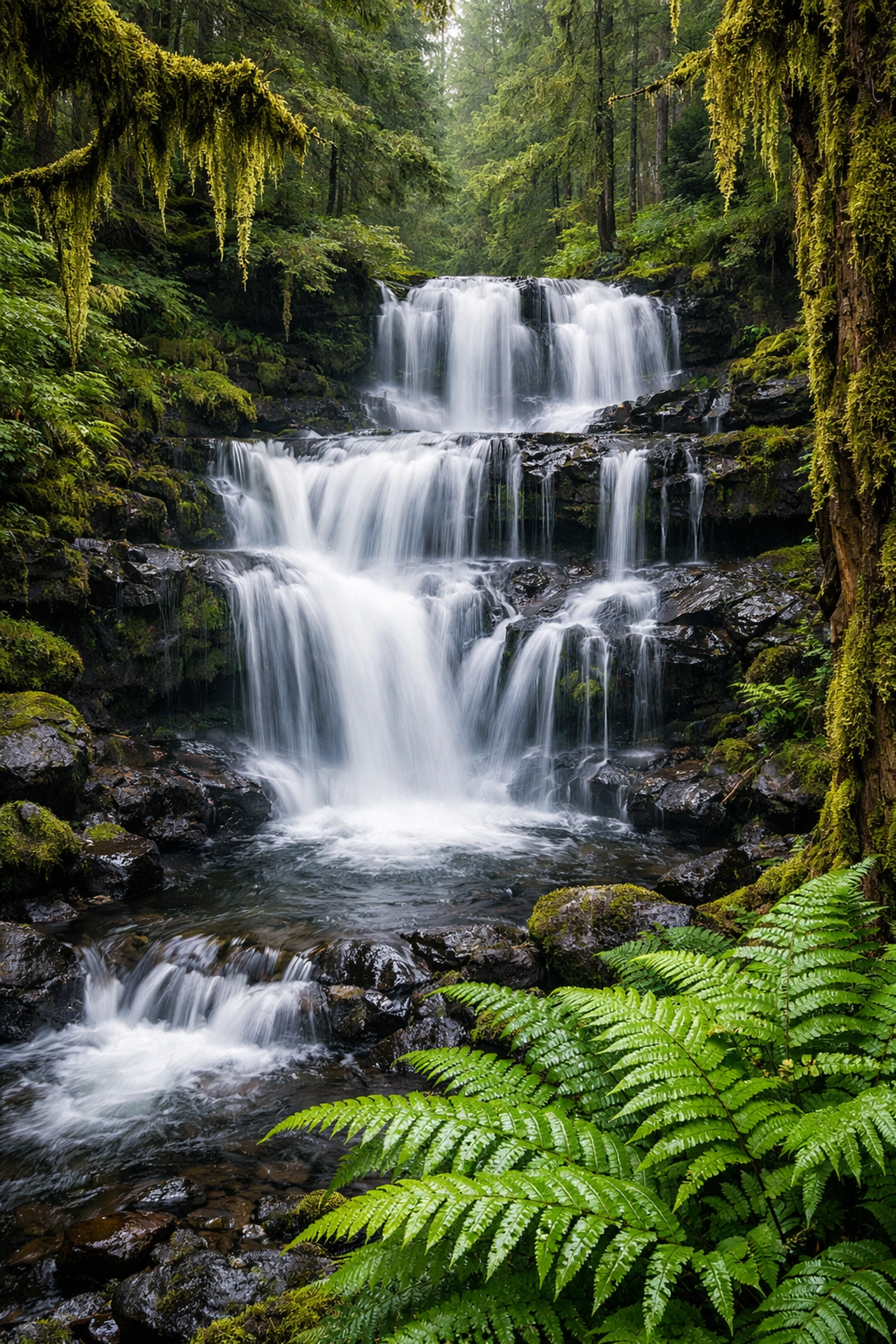 Silky long-exposure waterfall in a mossy forest, showcasing creative water landscape photography.