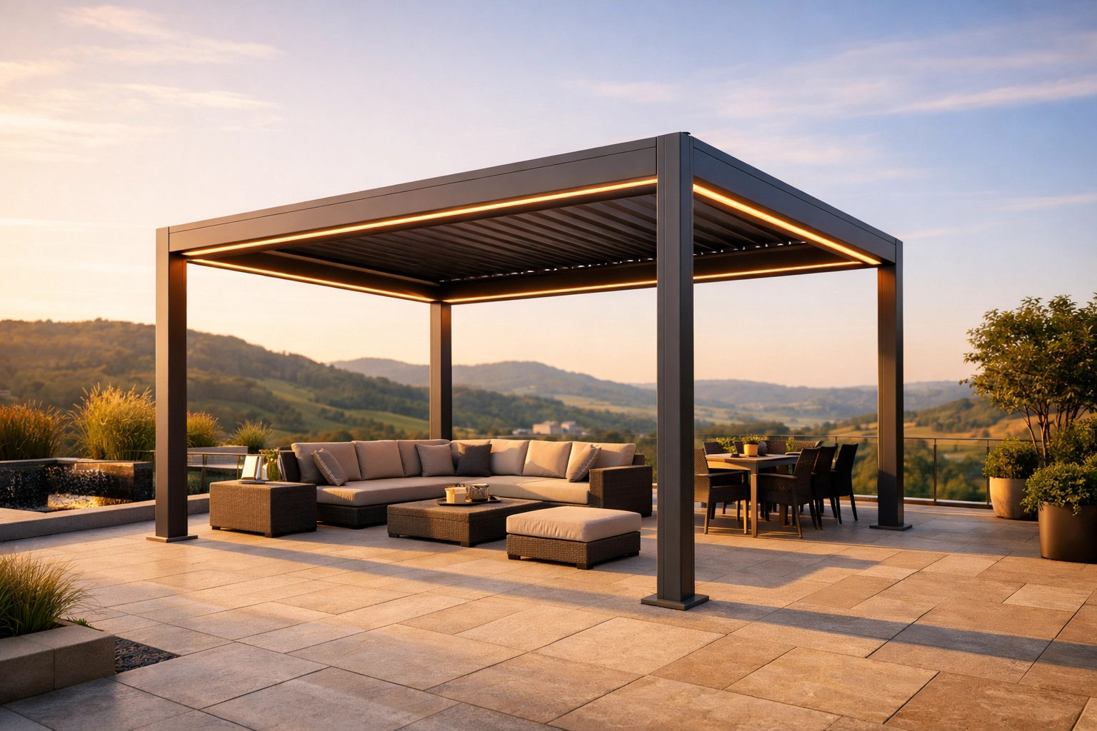 Freistehende Aluminium Pergola mit LED-Beleuchtung, fachgerecht montiert in Niederösterreich.