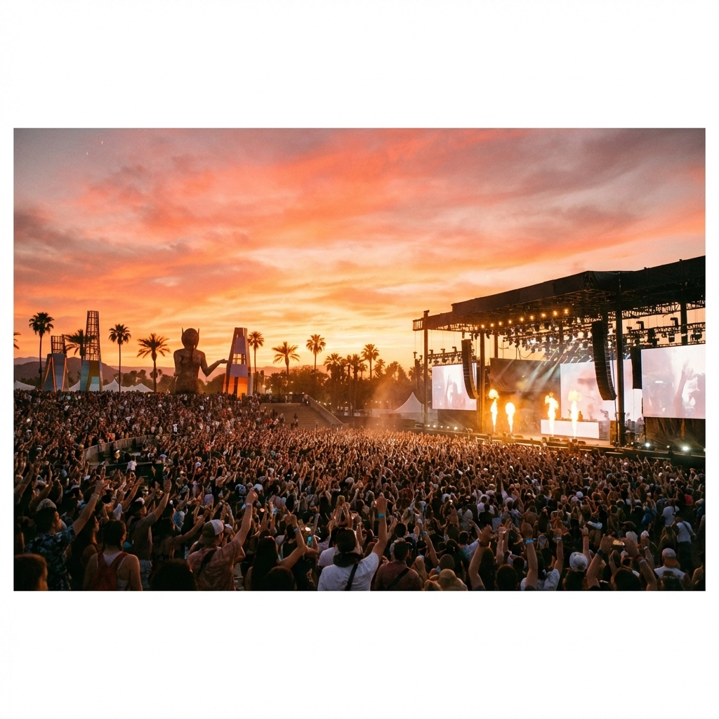Sunset crowd enjoying live music at Coachella Festival in the California desert, surrounded by palm trees and art installations