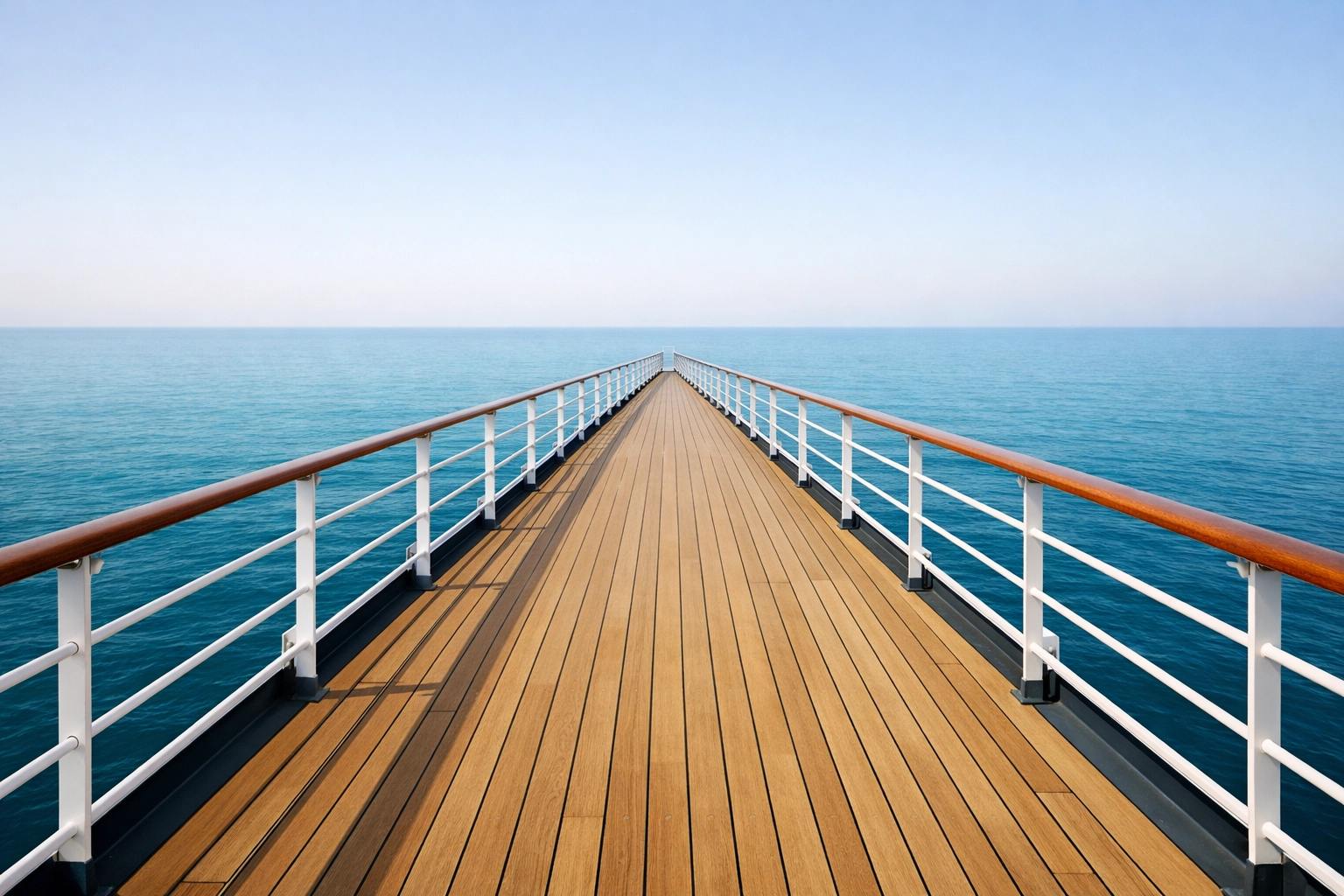 Calm view of a cruise ship promenade deck overlooking a tranquil turquoise ocean horizon.