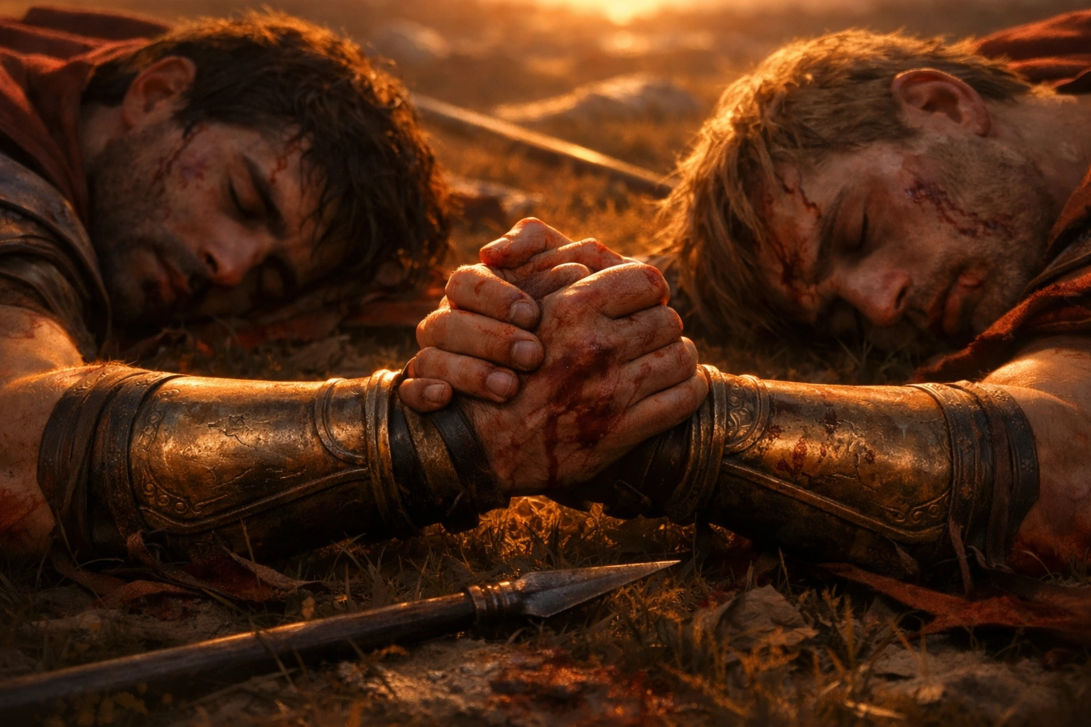 A poignant tribute to the Sacred Band showing two fallen soldier lovers holding hands on the battlefield.