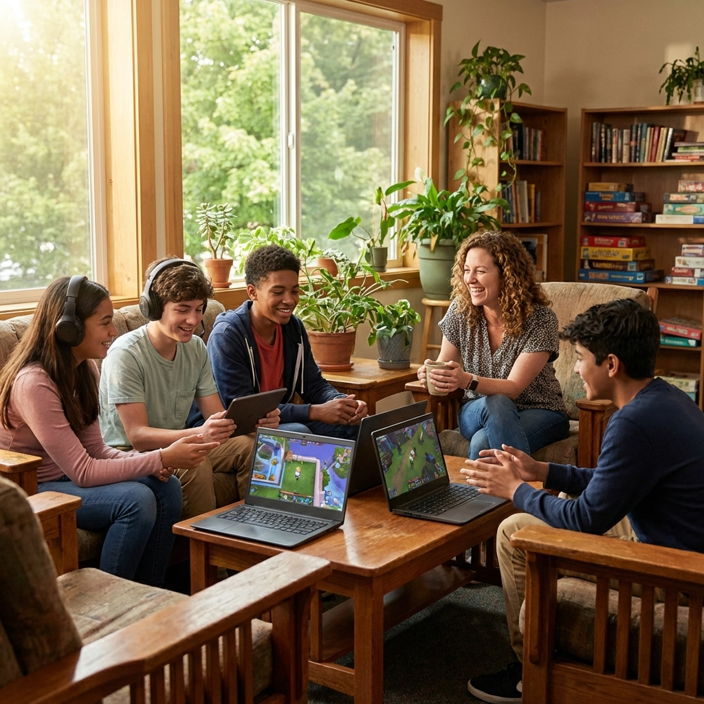 Diverse group of teens and a counsellor smiling and engaging in a cozy room while gaming together, highlighting supportive gaming therapy.
