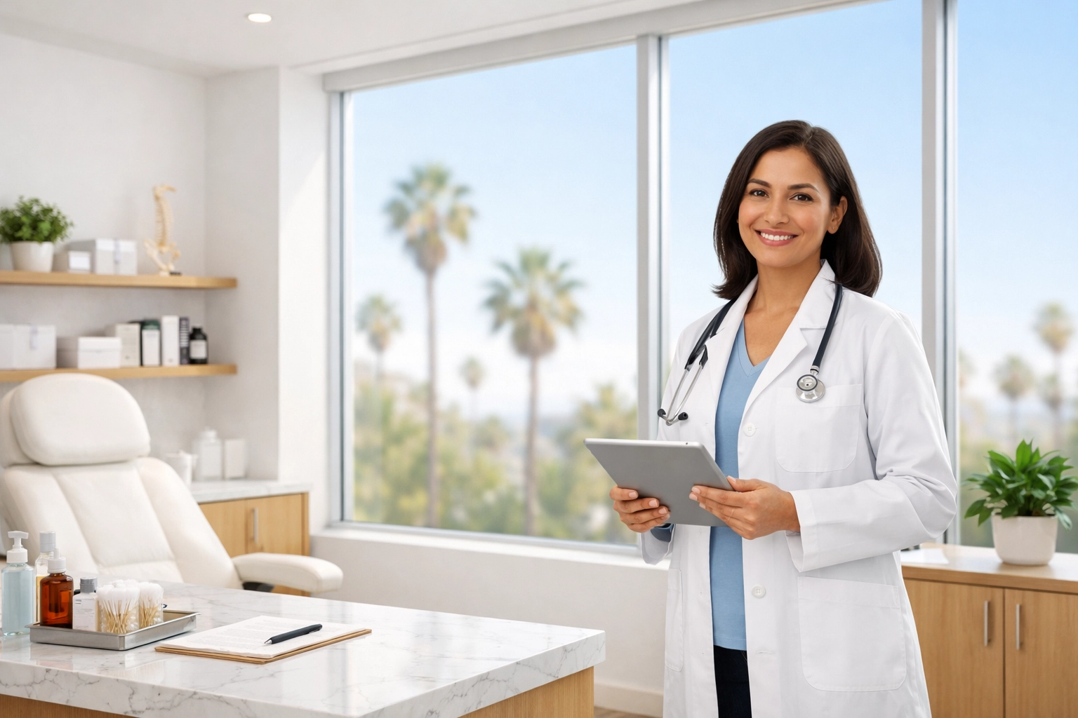 A licensed medical provider in a modern California office discussing weight loss options.