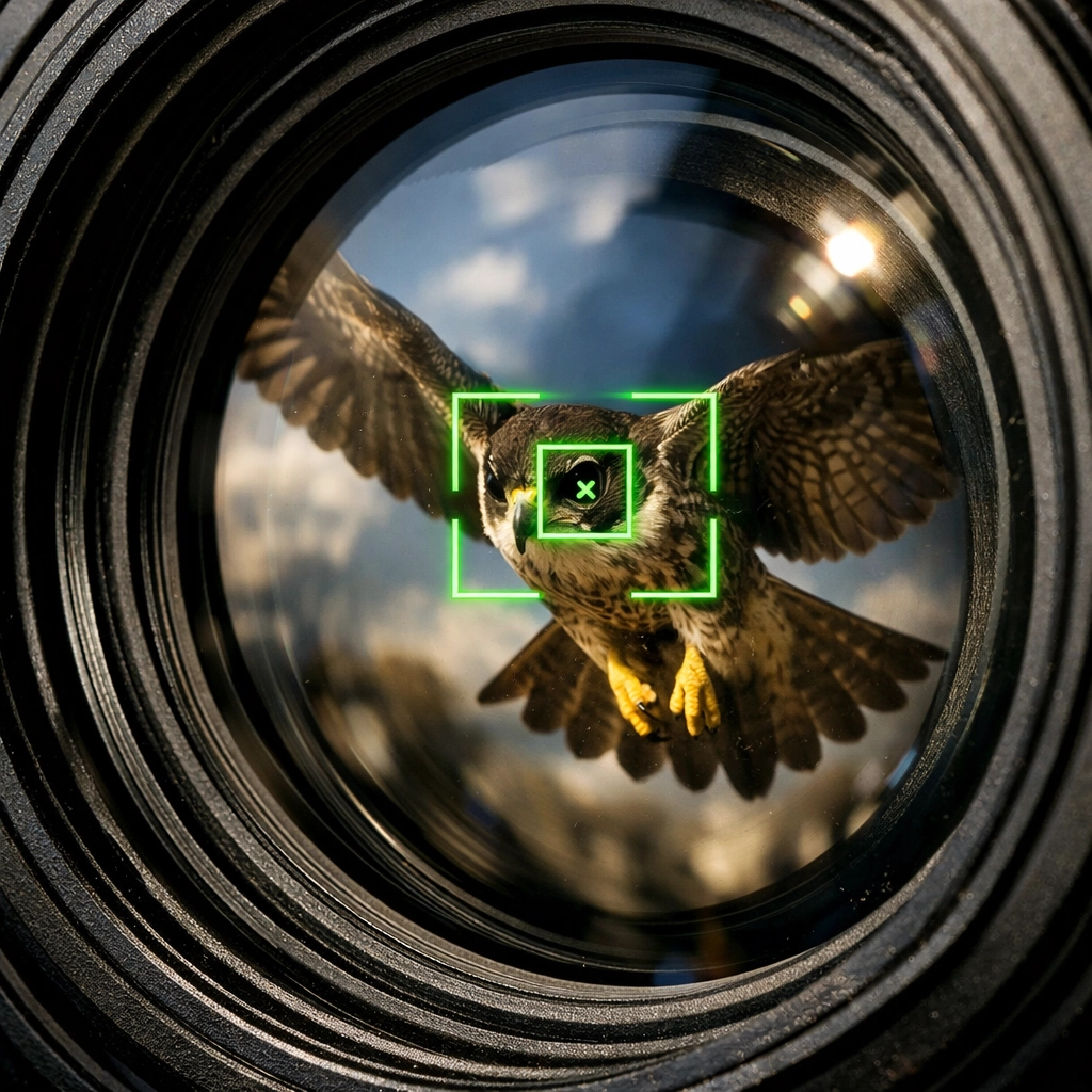 Telephoto lens showing AI-driven eye-tracking technology locked onto a bird of prey in flight.