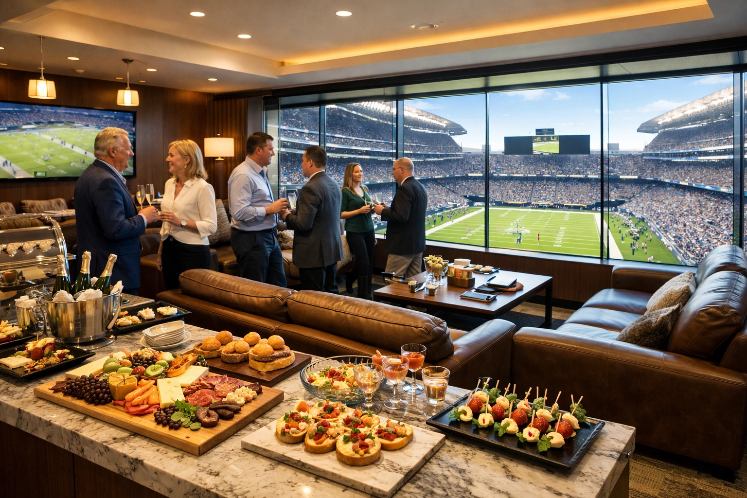 Luxury corporate suite at Super Bowl with executives networking and premium field views